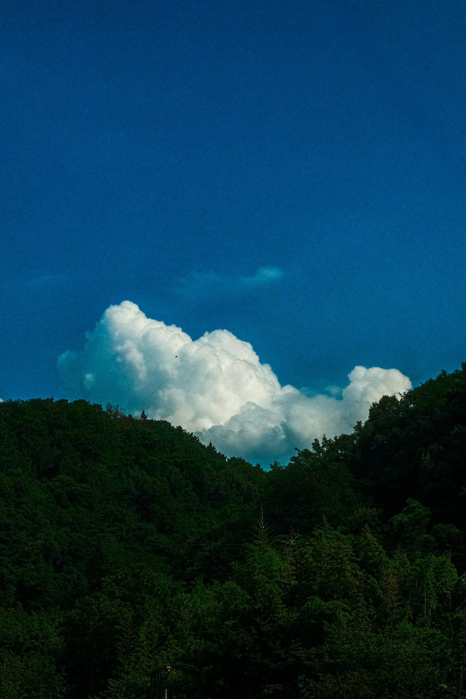 Paysage de montagne avec ciel bleu et nuages blancs duveteux