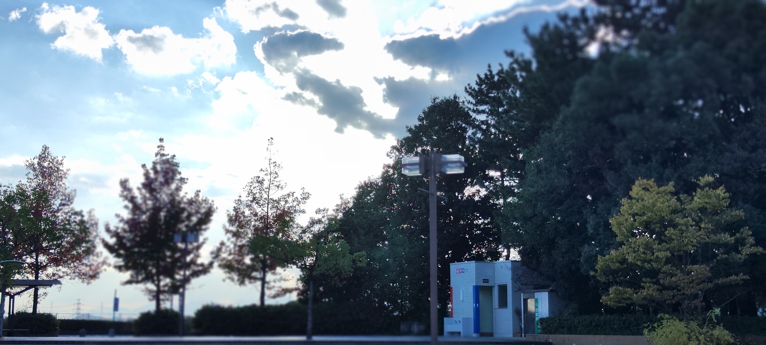 天空中有云和高大的树木旁边有一栋建筑的景色