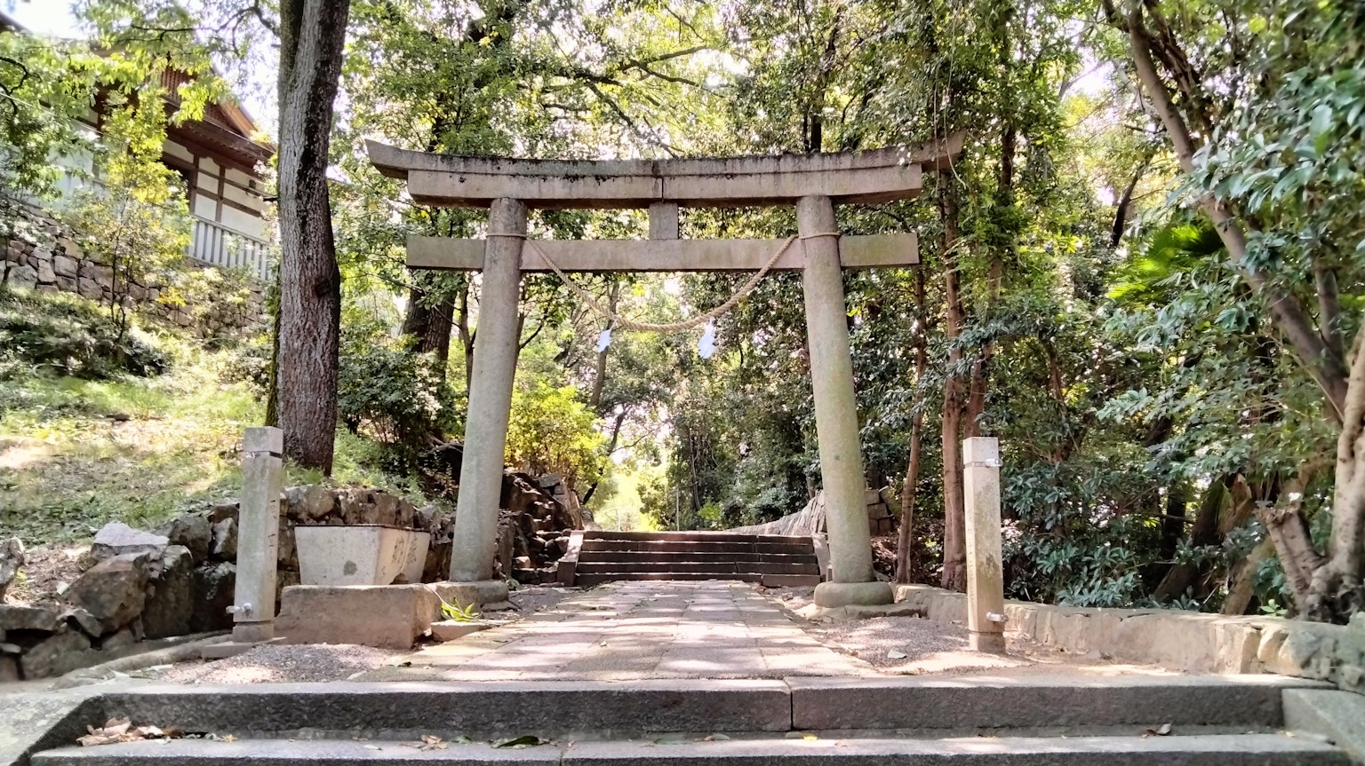 Entrada de un santuario con un torii de piedra rodeado de vegetación