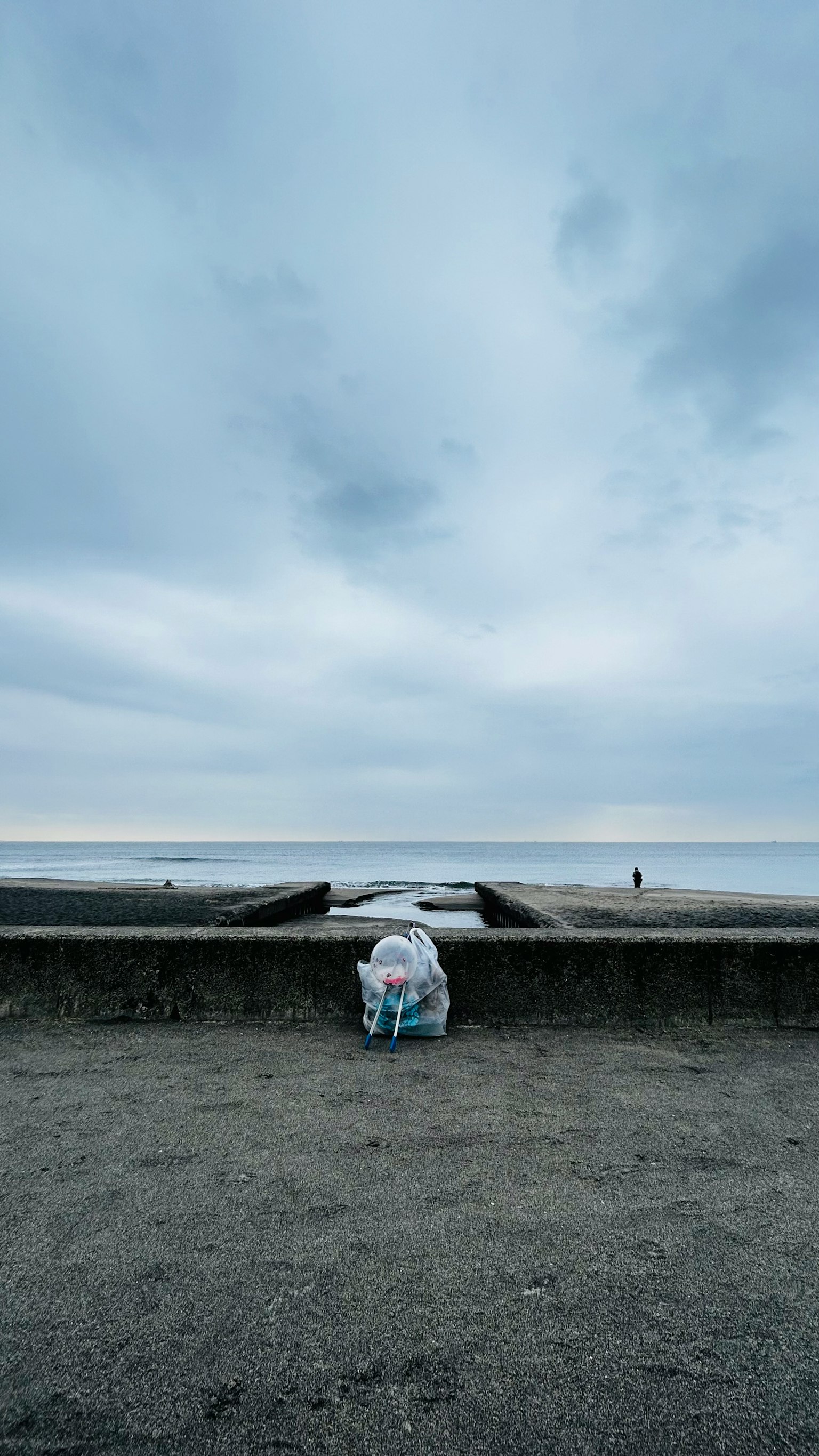 Person leaning against a wall by the beach with an overcast sky