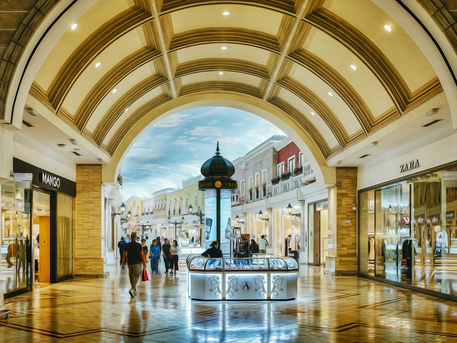 Interior de una arcade lujosa con fuente y tiendas