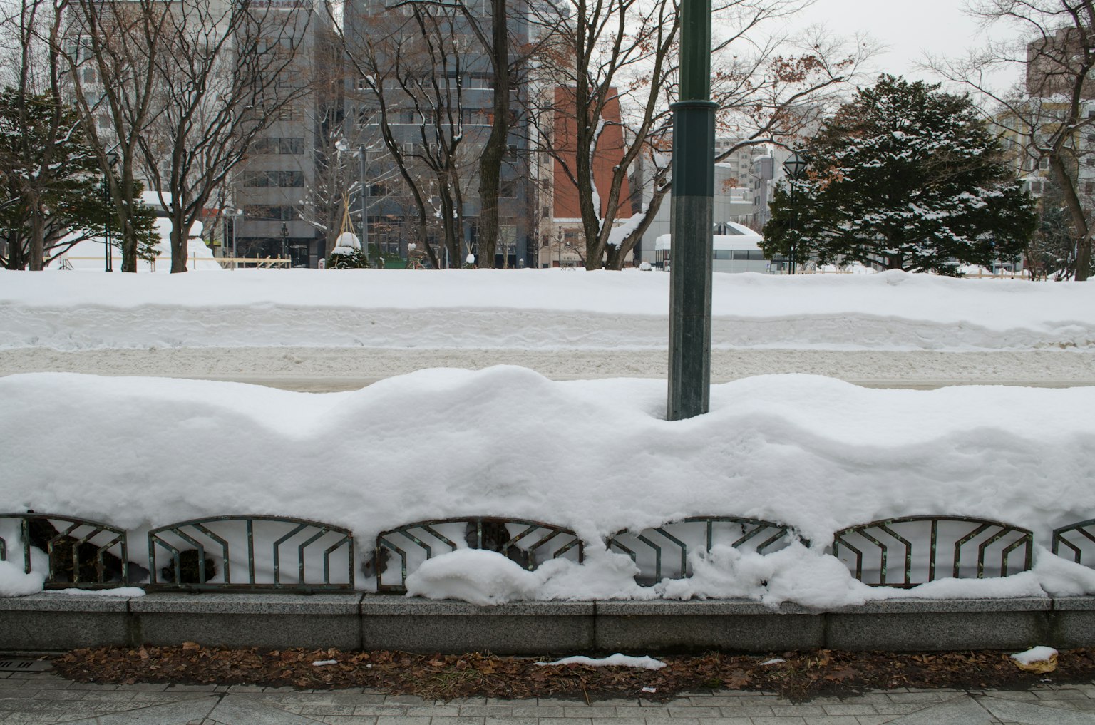 被雪覆盖的公园围栏与城市背景