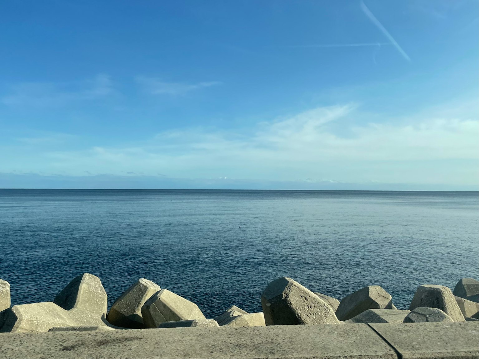 平靜的海洋與藍天的景色，有岩石和混凝土堤防
