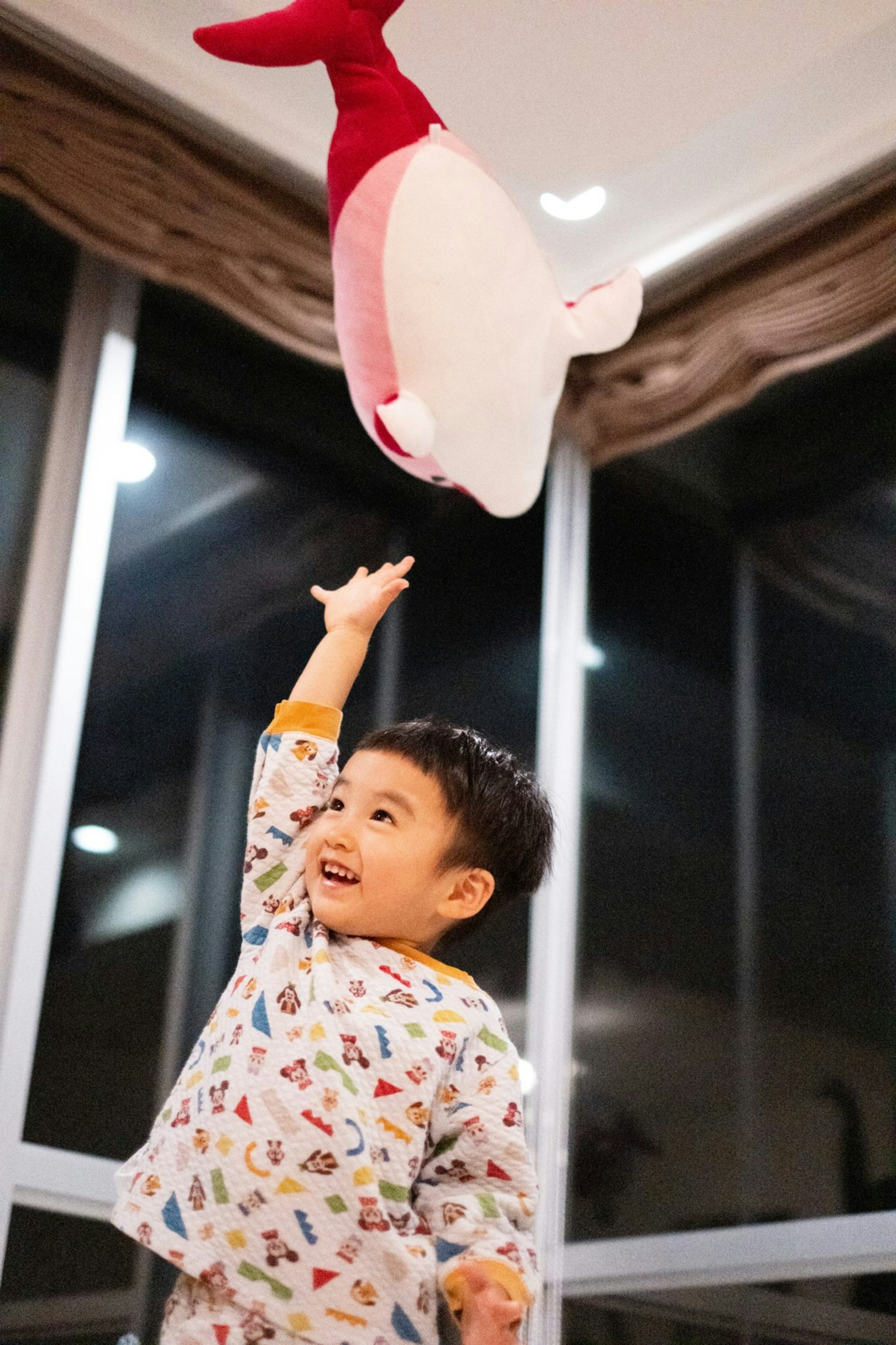 Un enfant tendant la main vers un poisson en peluche rouge et blanc dans un cadre intérieur confortable