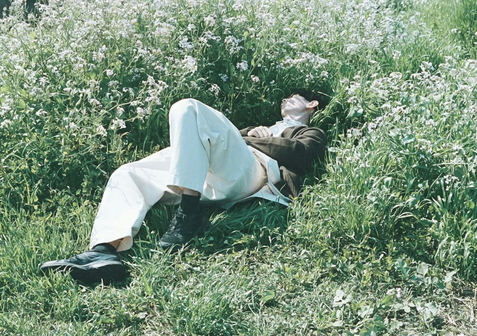 Man lying in a field of flowers with a serene natural background