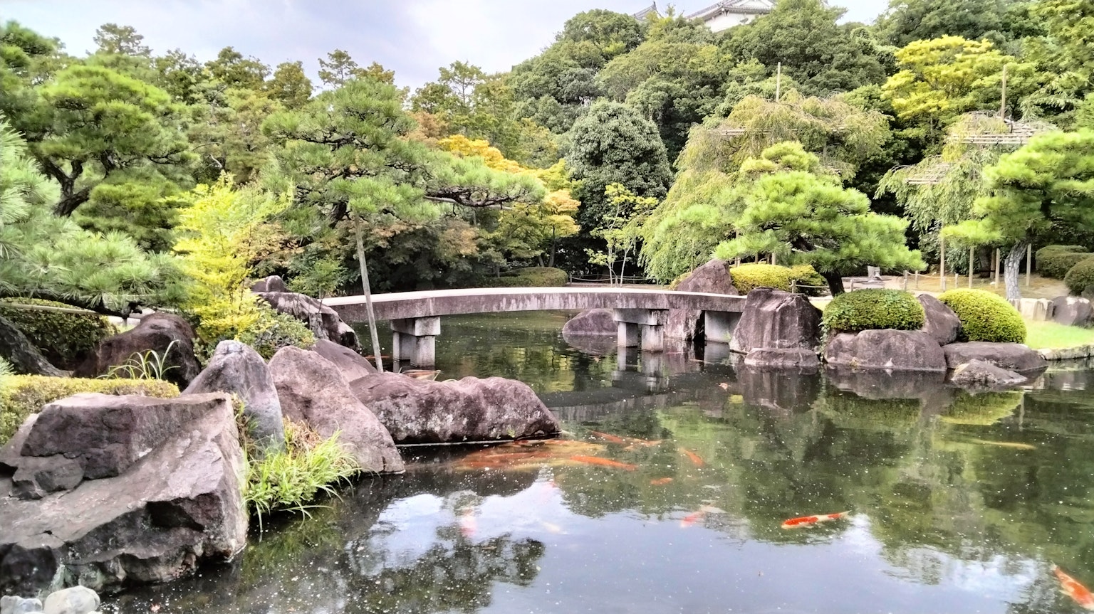 Stone bridge over a serene garden pond surrounded by lush greenery
