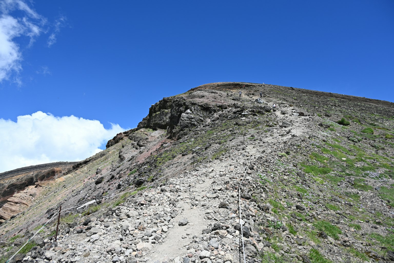 Sentier de montagne menant vers le sommet avec terrain rocheux et ciel bleu