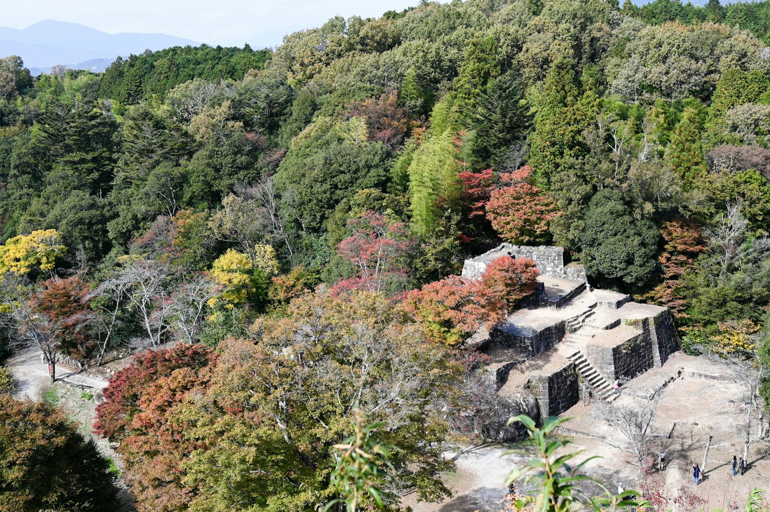 Aerial view of ancient ruins surrounded by lush greenery and colorful autumn leaves