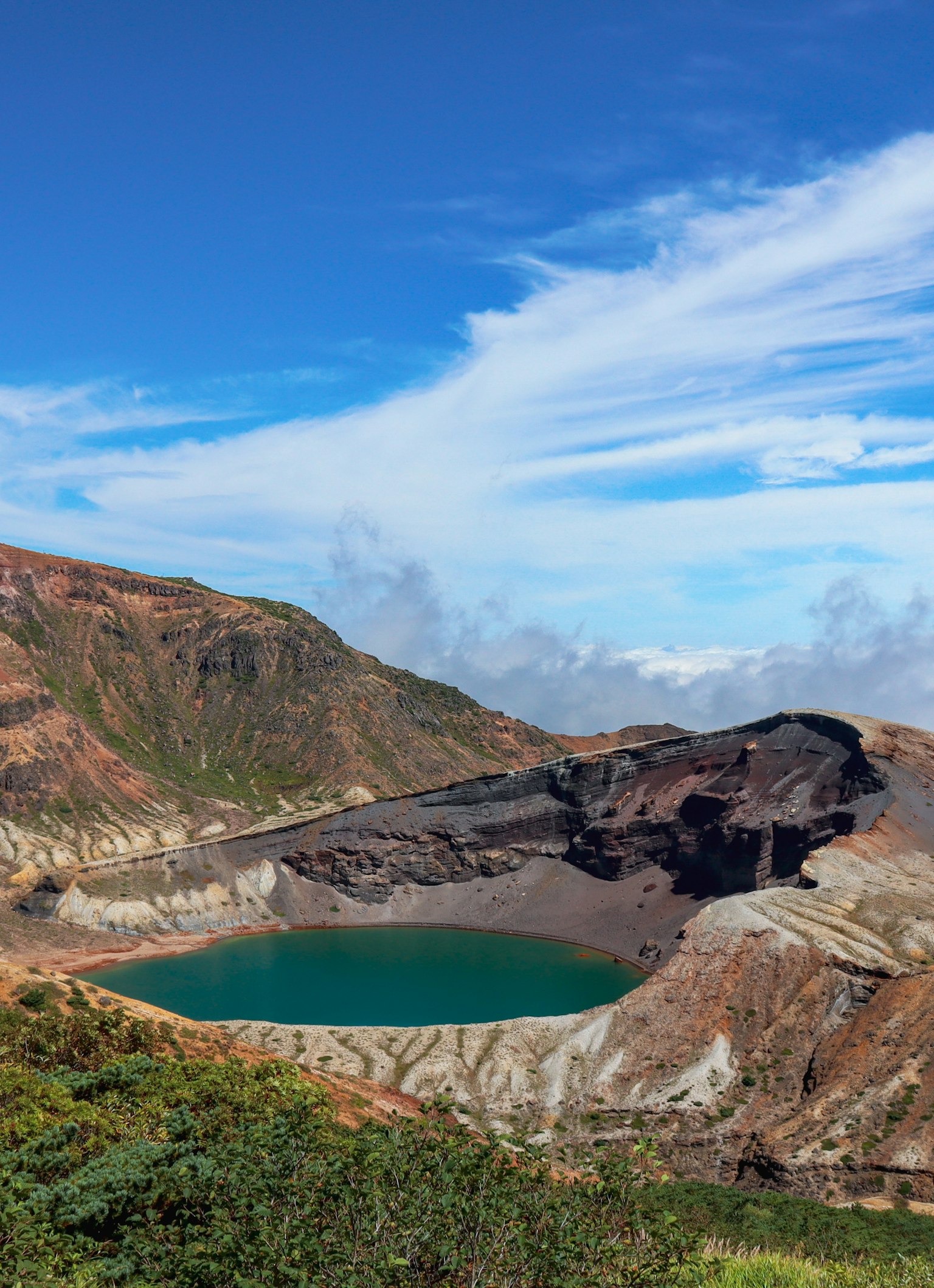 Pemandangan indah danau vulkanik dengan air turquoise dikelilingi oleh medan berbatu dan vegetasi subur