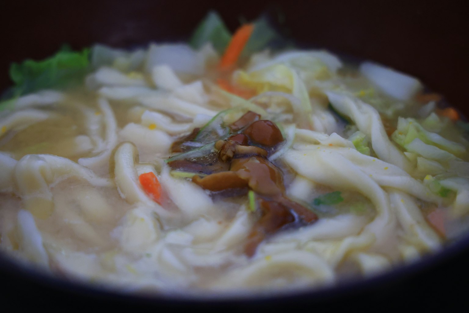 Warm soup with udon noodles and assorted vegetables