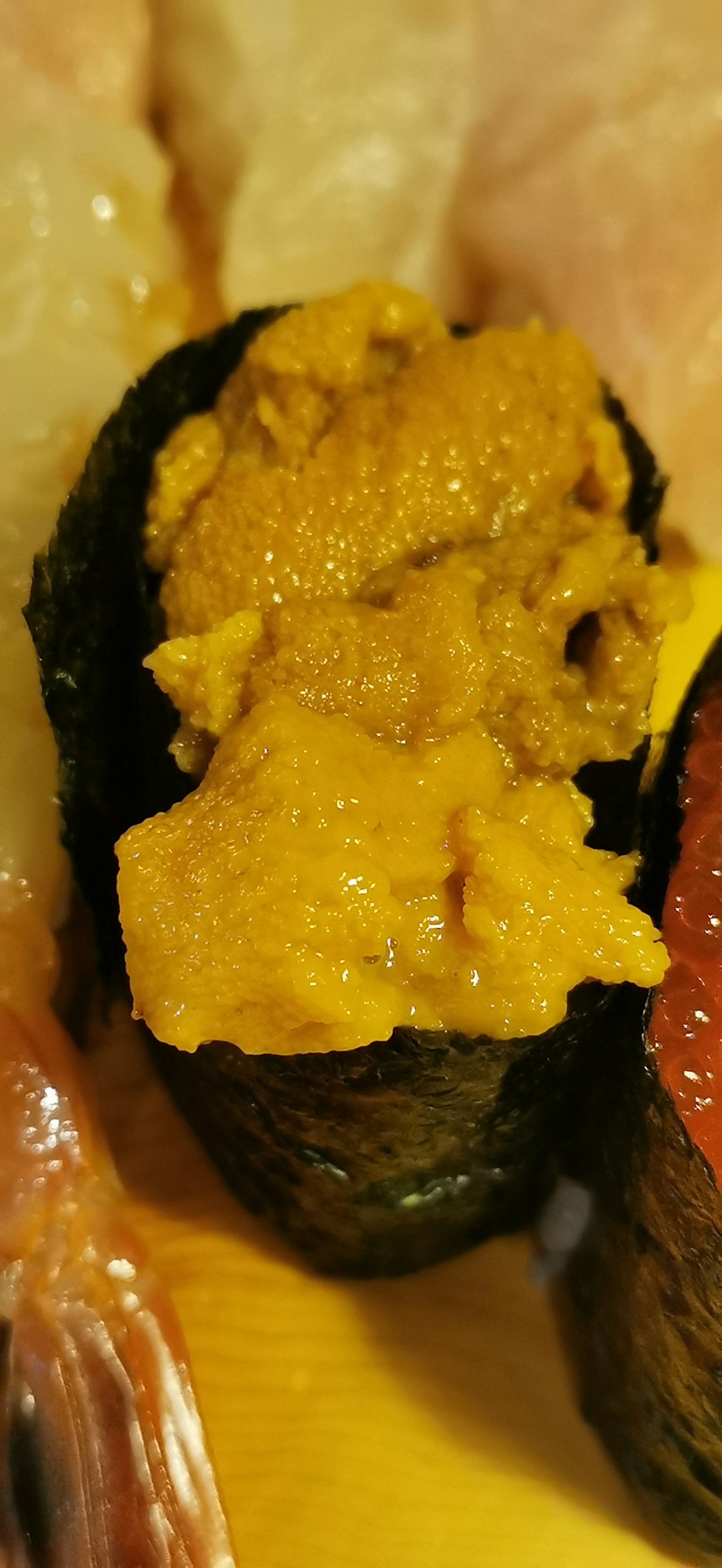 ซูชิที่มีท็อปปิ้งเม่นทะเลสดใสอยู่ท่ามกลางซูชิอื่นๆ