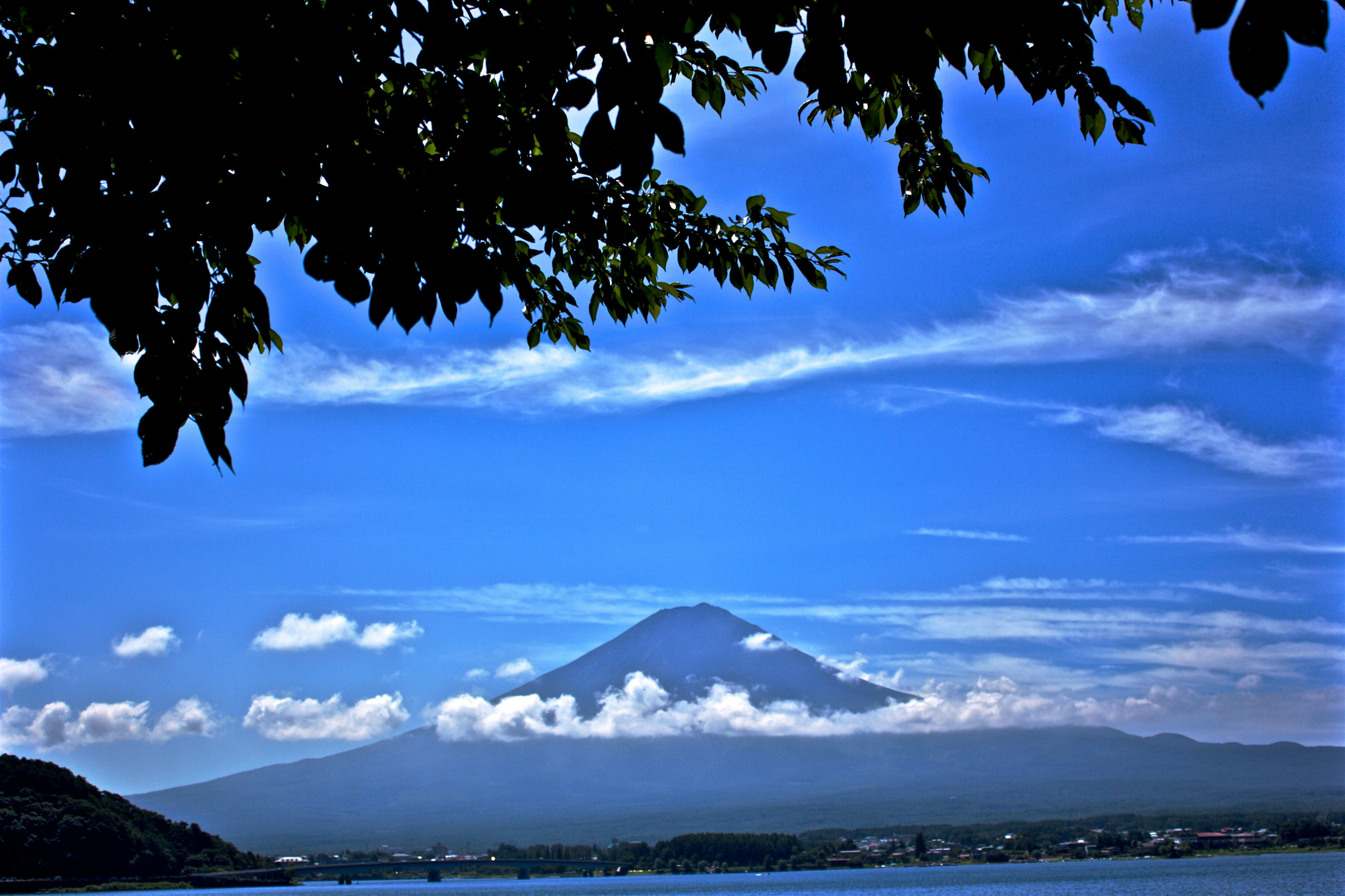 Mountain and blue-sky landscape viewed from a lakeside