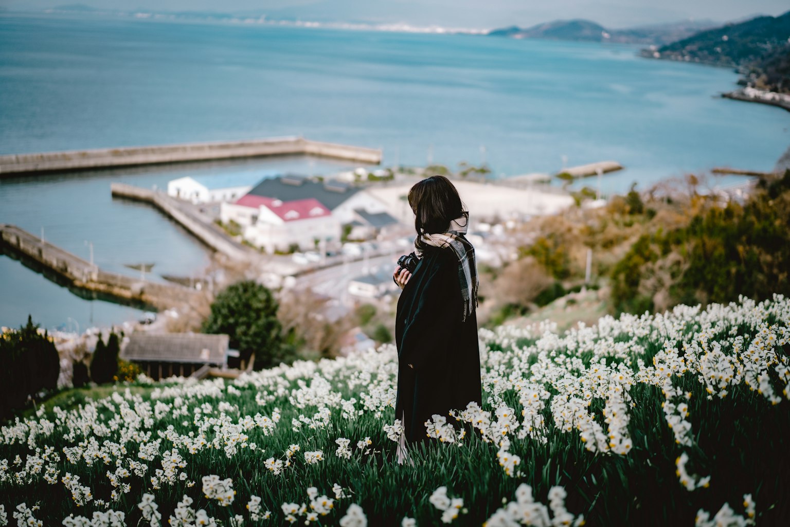 바다를 바라보며 흰 꽃밭에 서 있는 여성