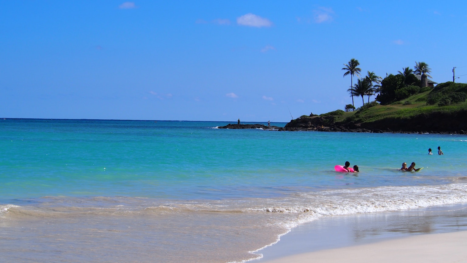 Orang-orang menikmati hari yang cerah di pantai dengan air turquoise dan pohon kelapa