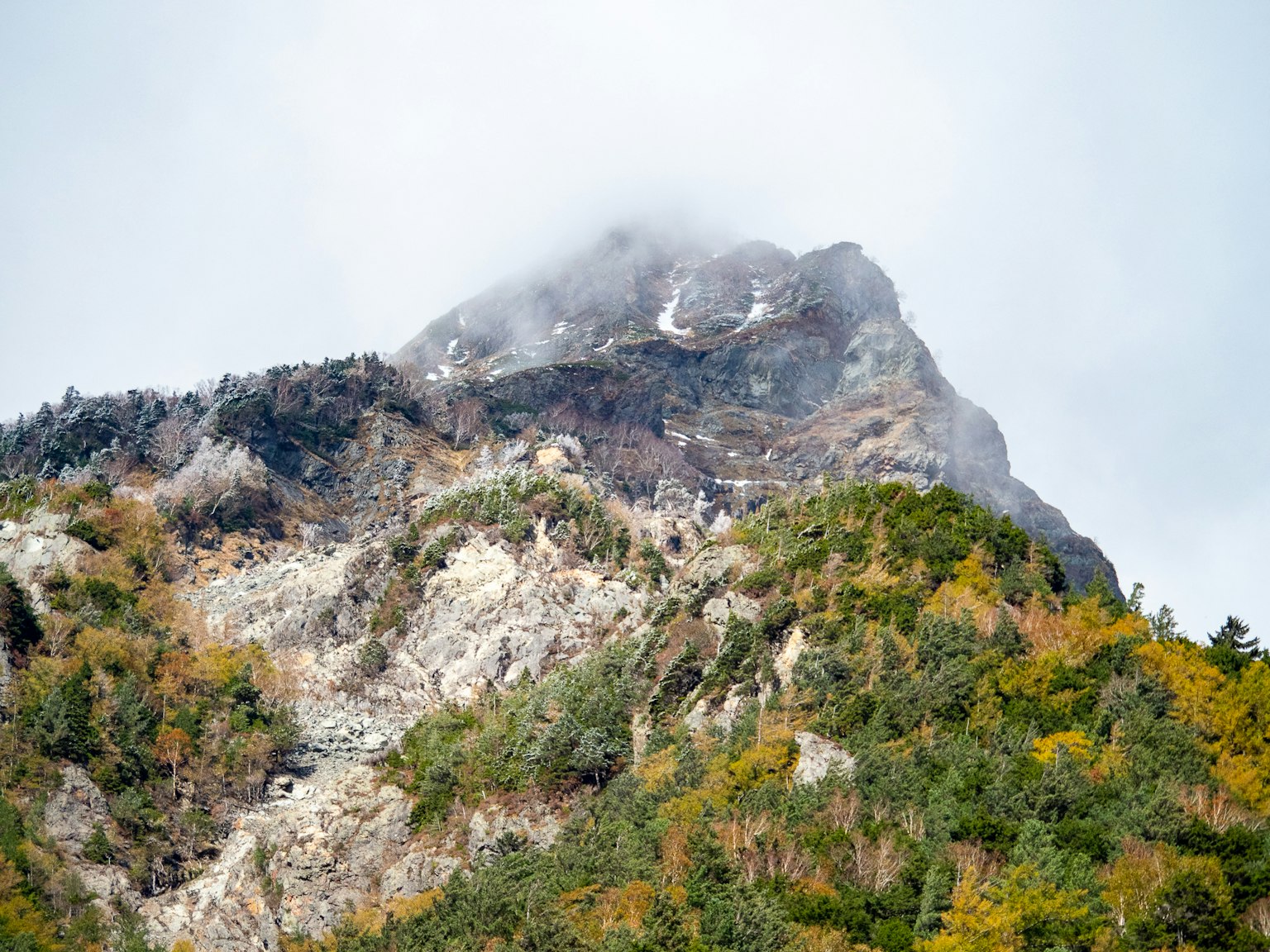 被雾笼罩的山峰与五彩缤纷的树叶