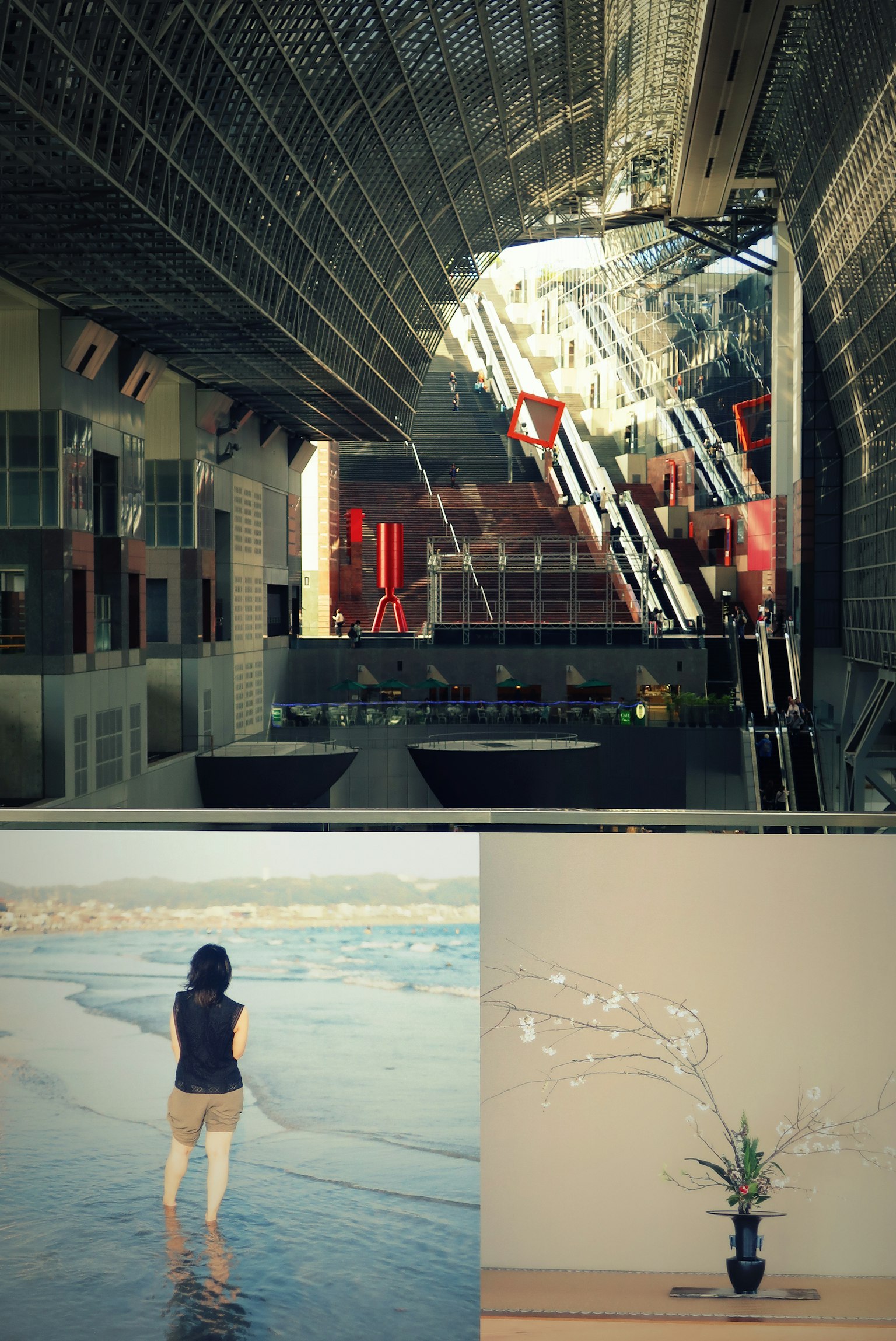 現代的な建築の内部と海辺での女性のシルエットが描かれたコラージュ