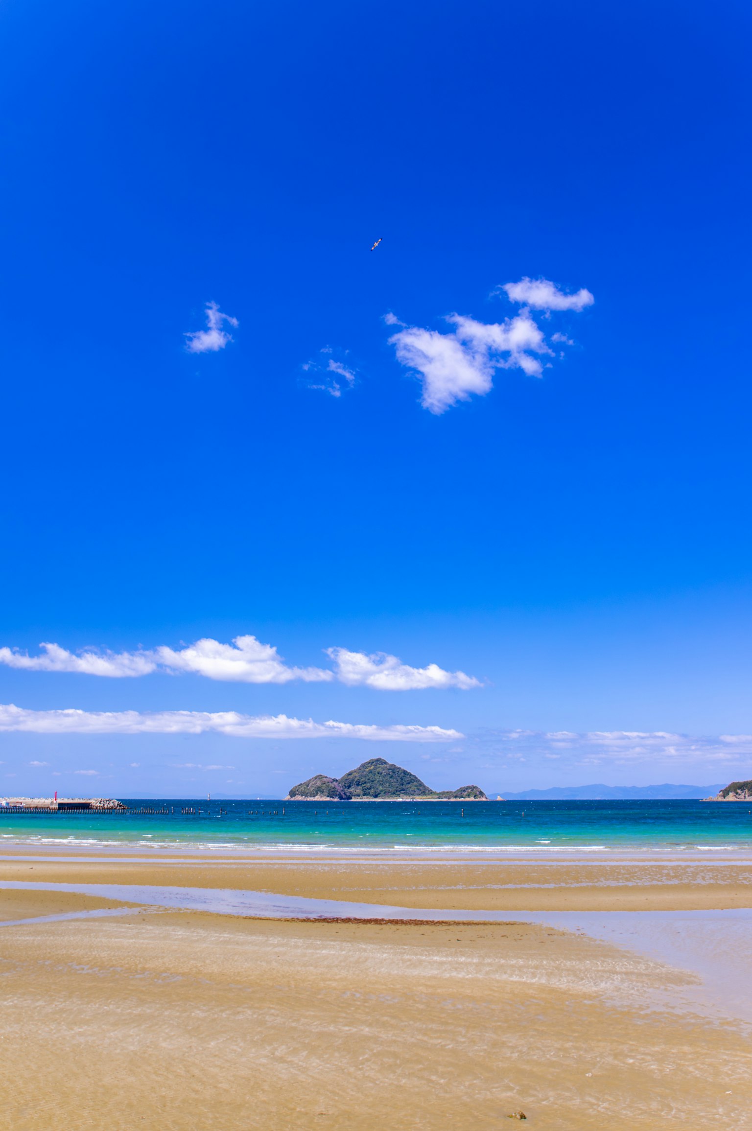 美麗的海灘景色藍天白雲碧藍的海水和金色的沙灘
