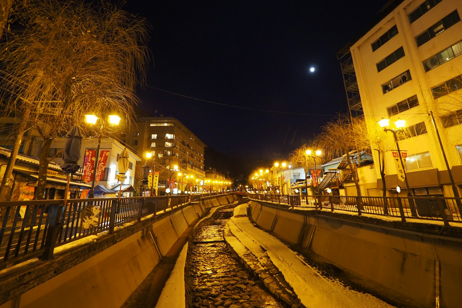 Vista notturna di una città con un fiume illuminato da lampioni e una luna visibile