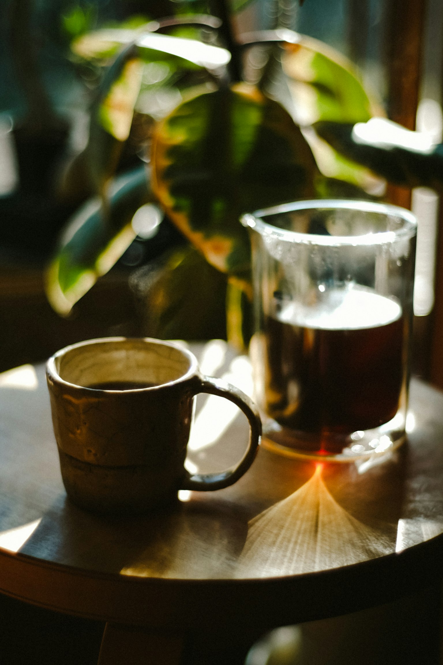 Kaffeetasse und Glasbehälter auf einem Holztisch mit einer Pflanze im Hintergrund