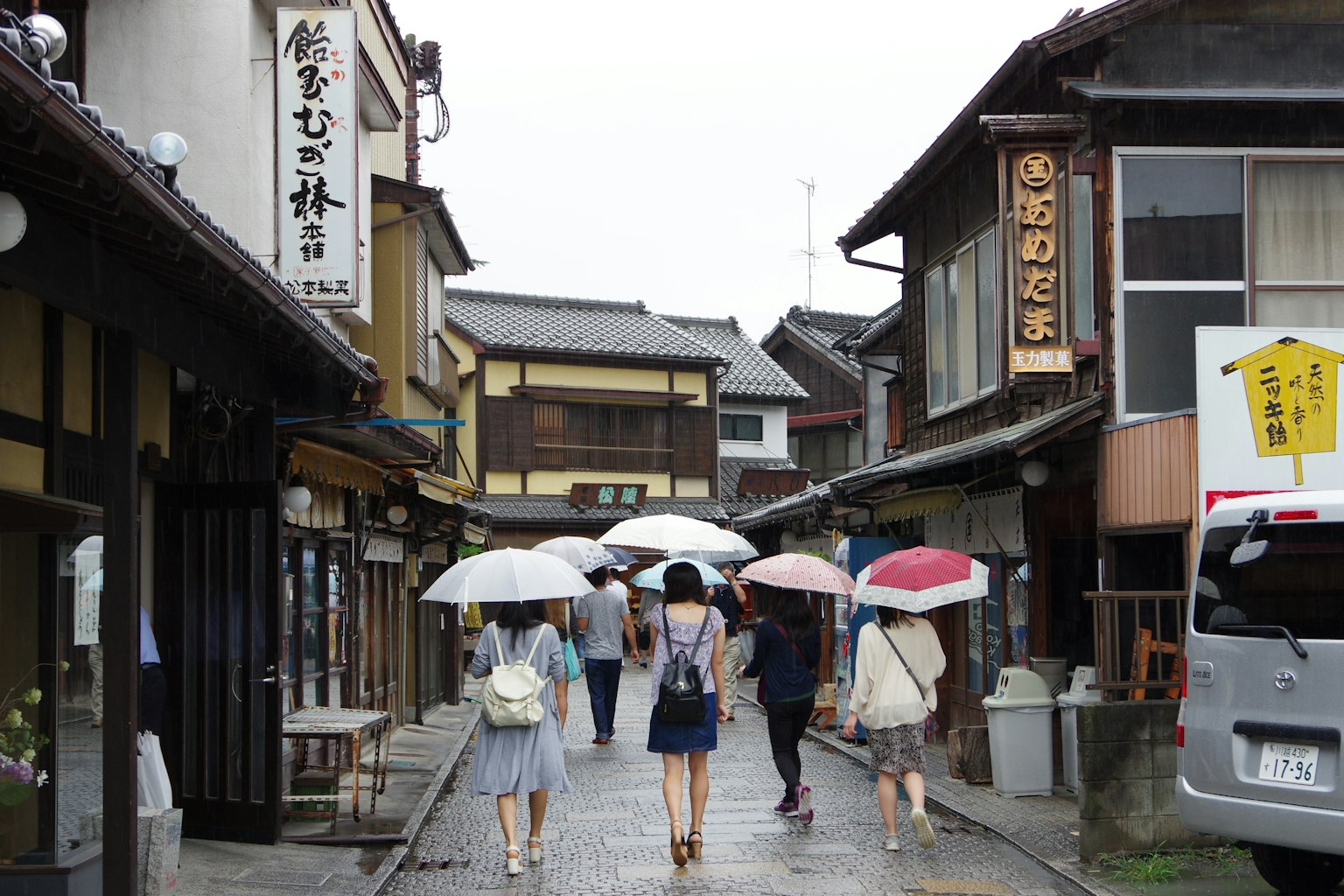 在雨中打着伞走在传统日本街道上的人们