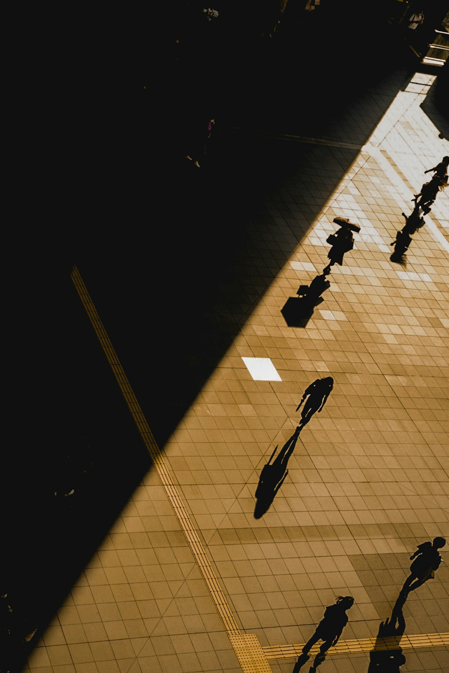 Silhouettes of people walking on a tiled surface with shadows