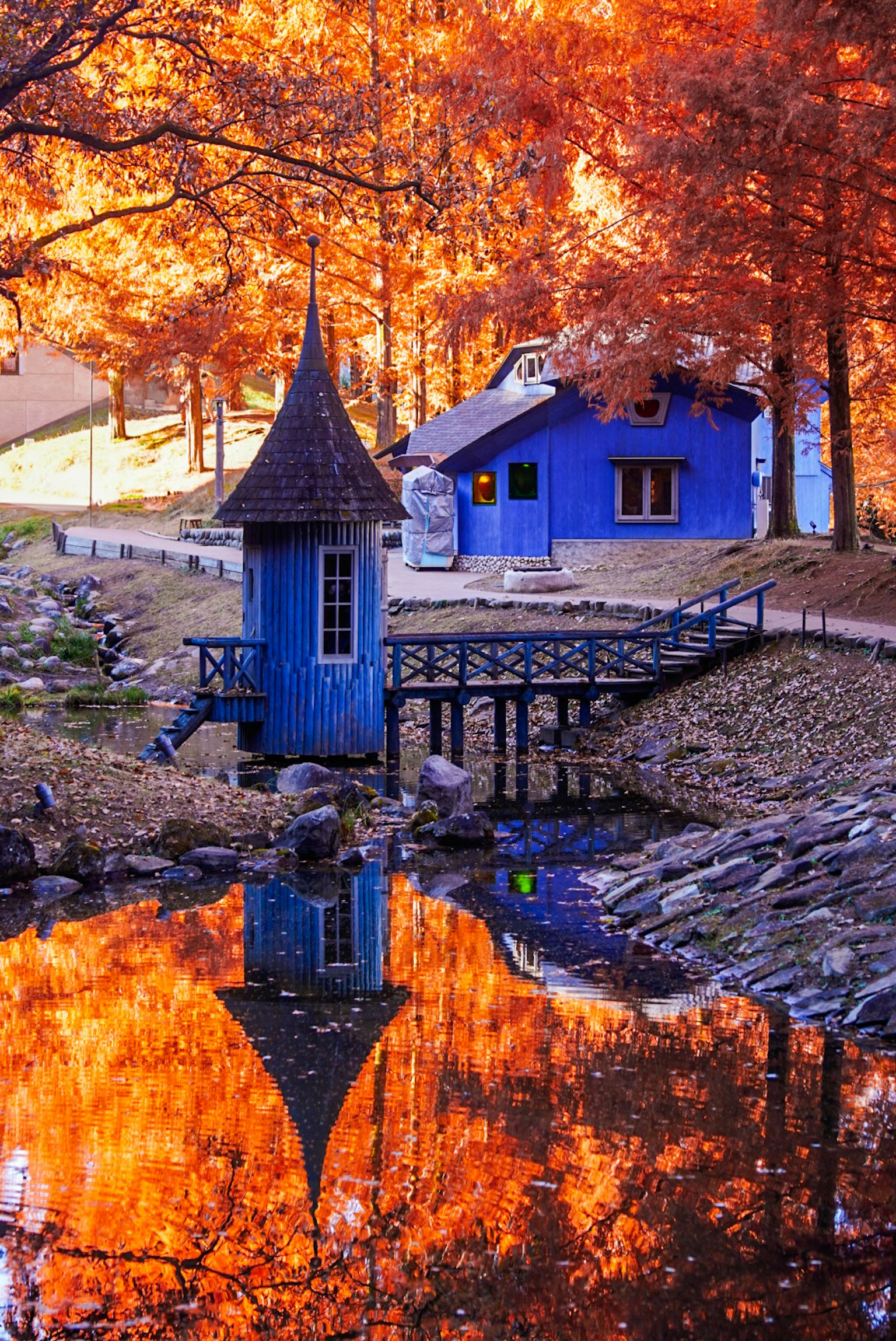 ทิวทัศน์ฤดูใบไม้ร่วงที่สวยงามพร้อมบ้านสีน้ำเงินและบ่อน้ำสงบ