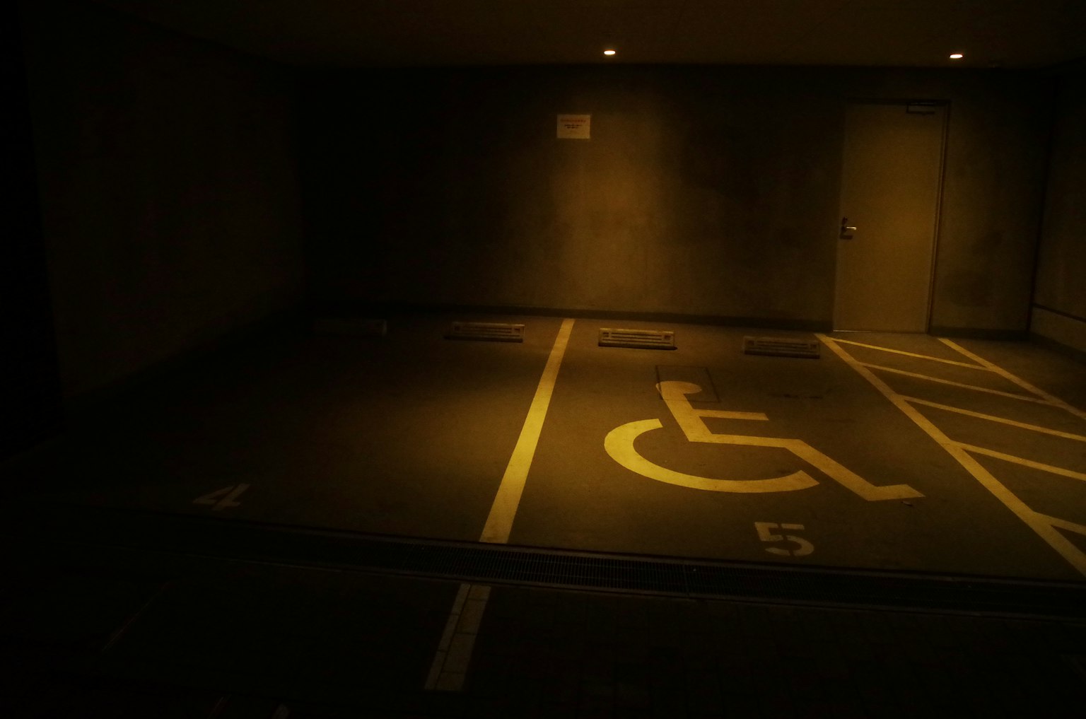 Estacionamiento poco iluminado con un espacio para discapacitados