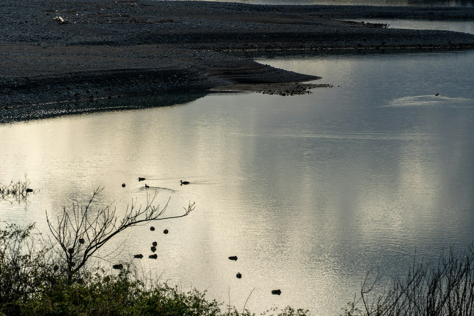 Paysage de rivière serein avec de petites îles et des reflets sur la surface de l'eau