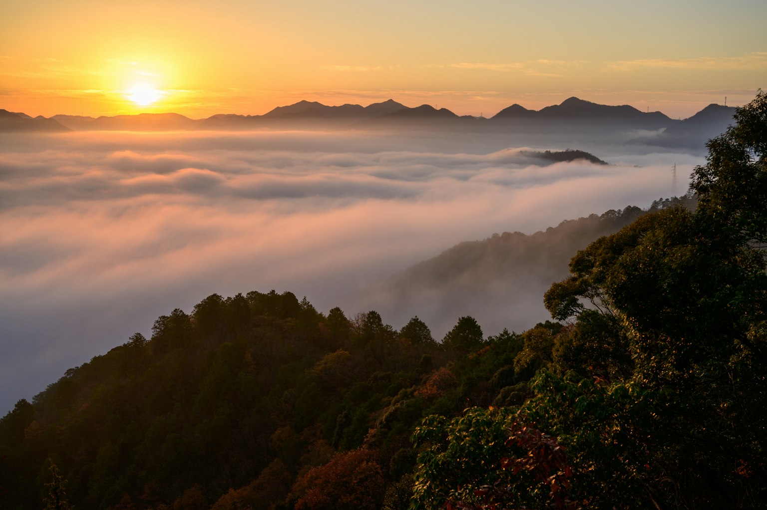 Sebuah matahari terbit yang indah di atas gunung yang tertutup kabut