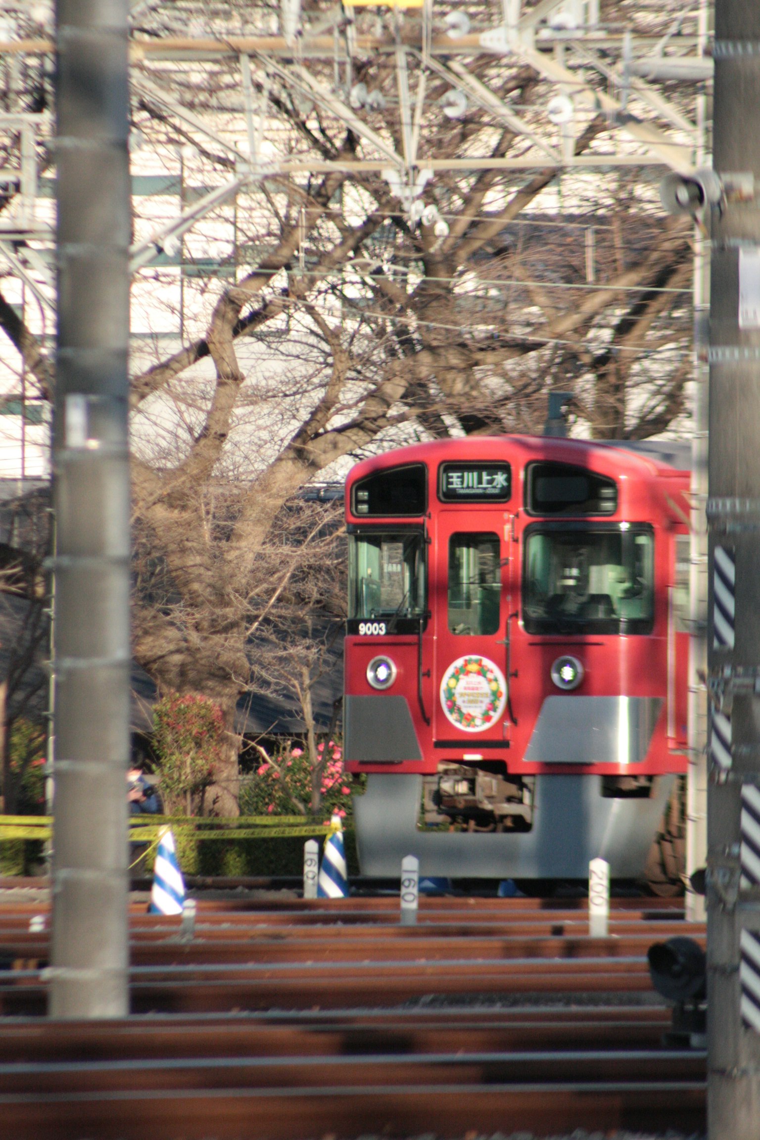 Red train positioned on tracks with trees in the background