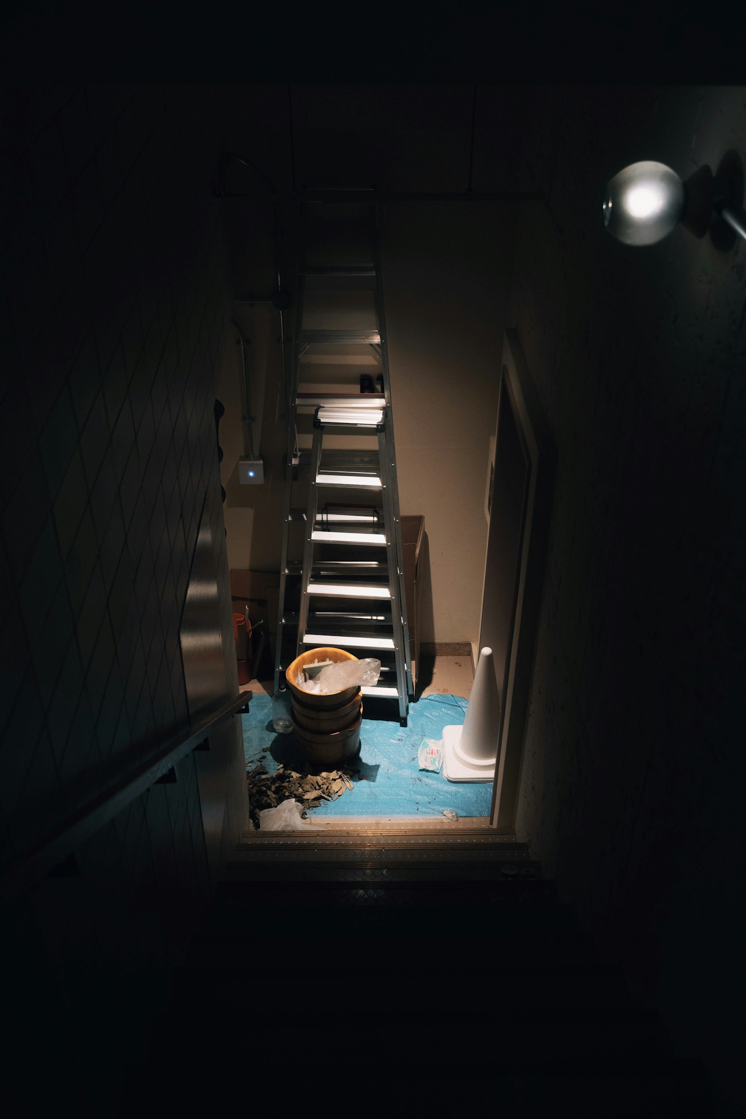 Couloir sombre avec un sol bleu et des toilettes en bas des escaliers