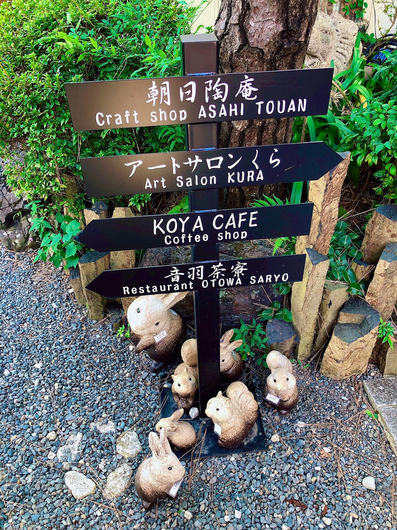 Papan petunjuk untuk toko kerajinan dan kafe dengan patung hewan lucu
