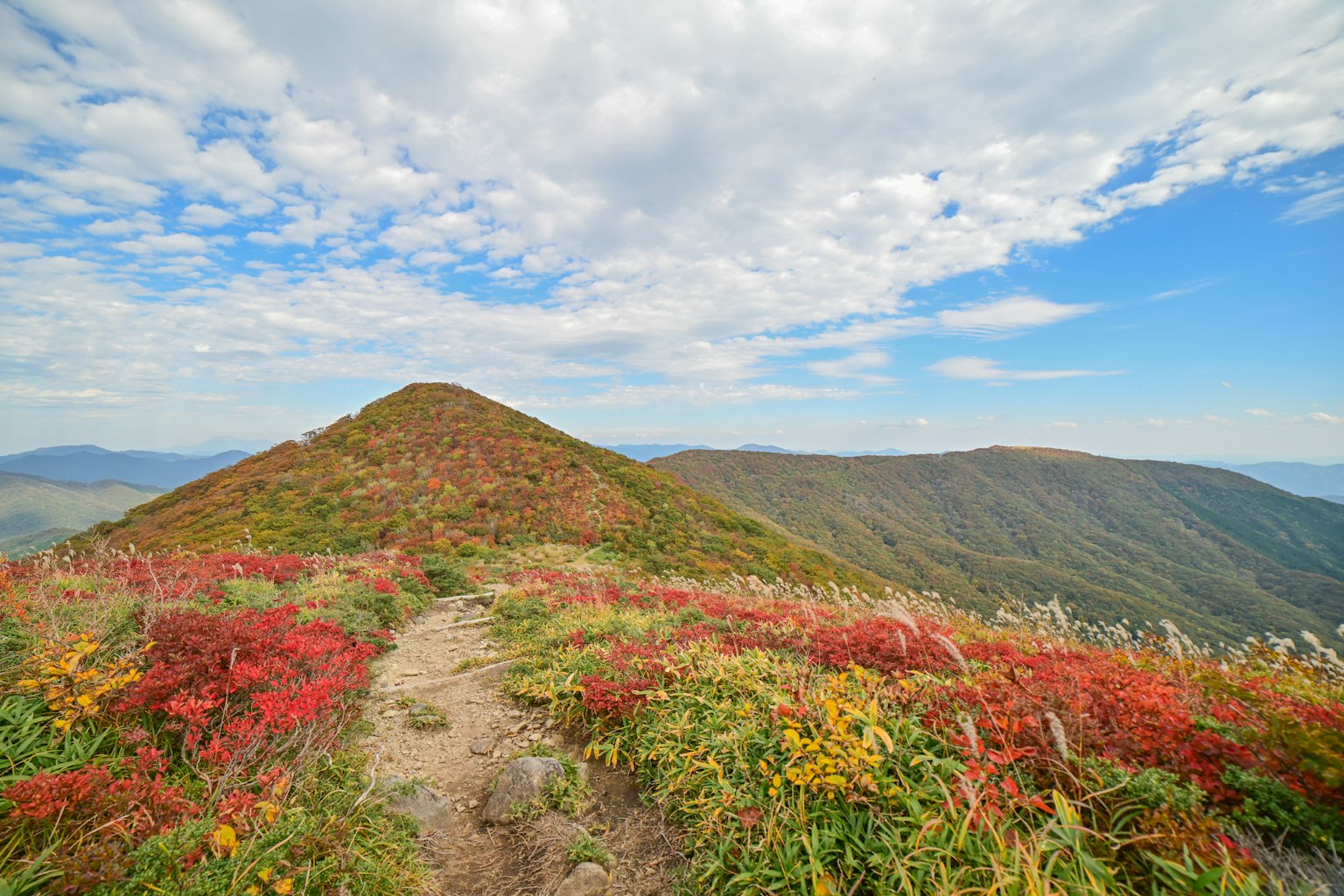 Scenic mountain path surrounded by vibrant autumn foliage and blue sky