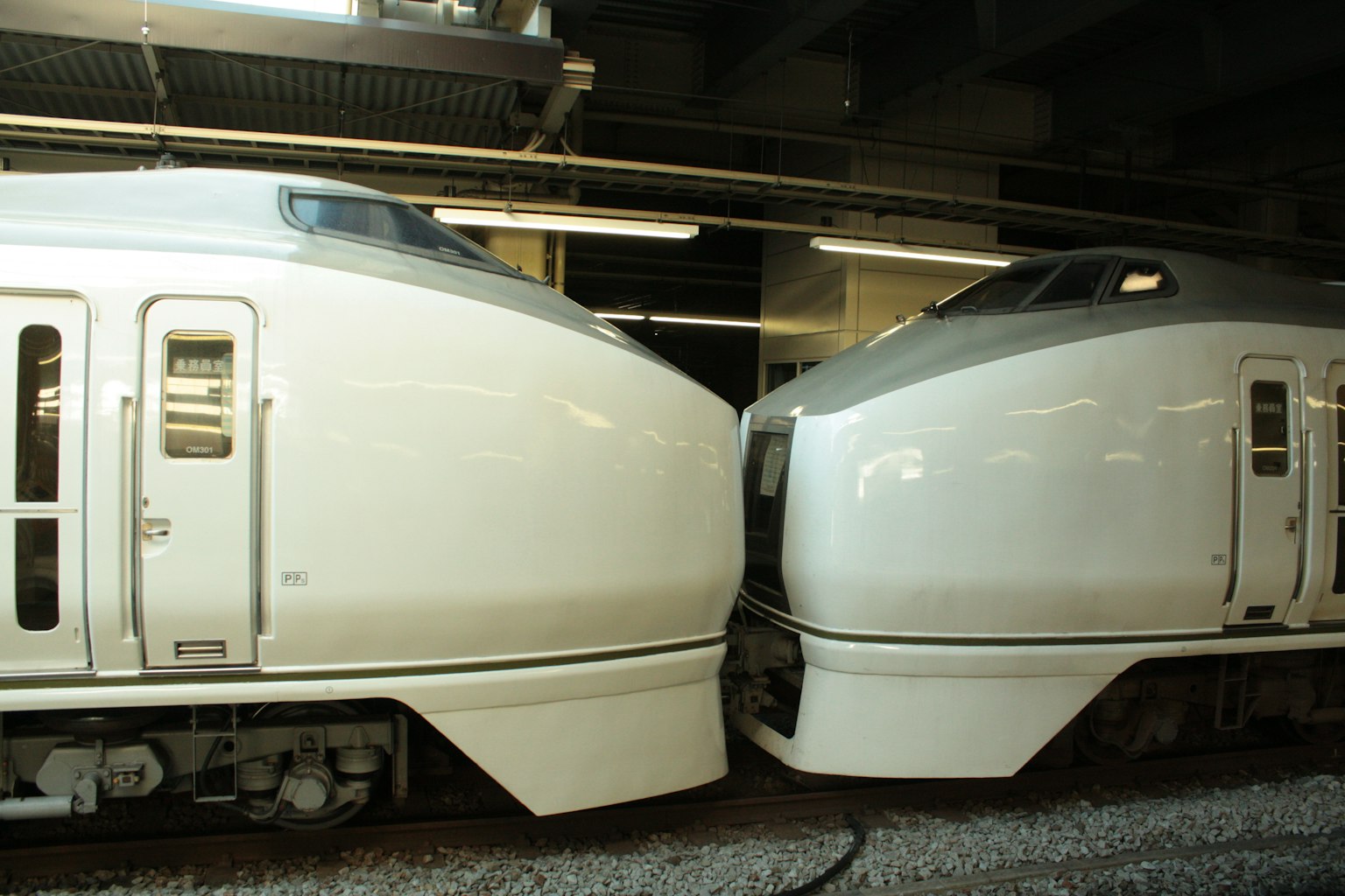 Hai đầu tàu Shinkansen màu trắng được đặt gần nhau