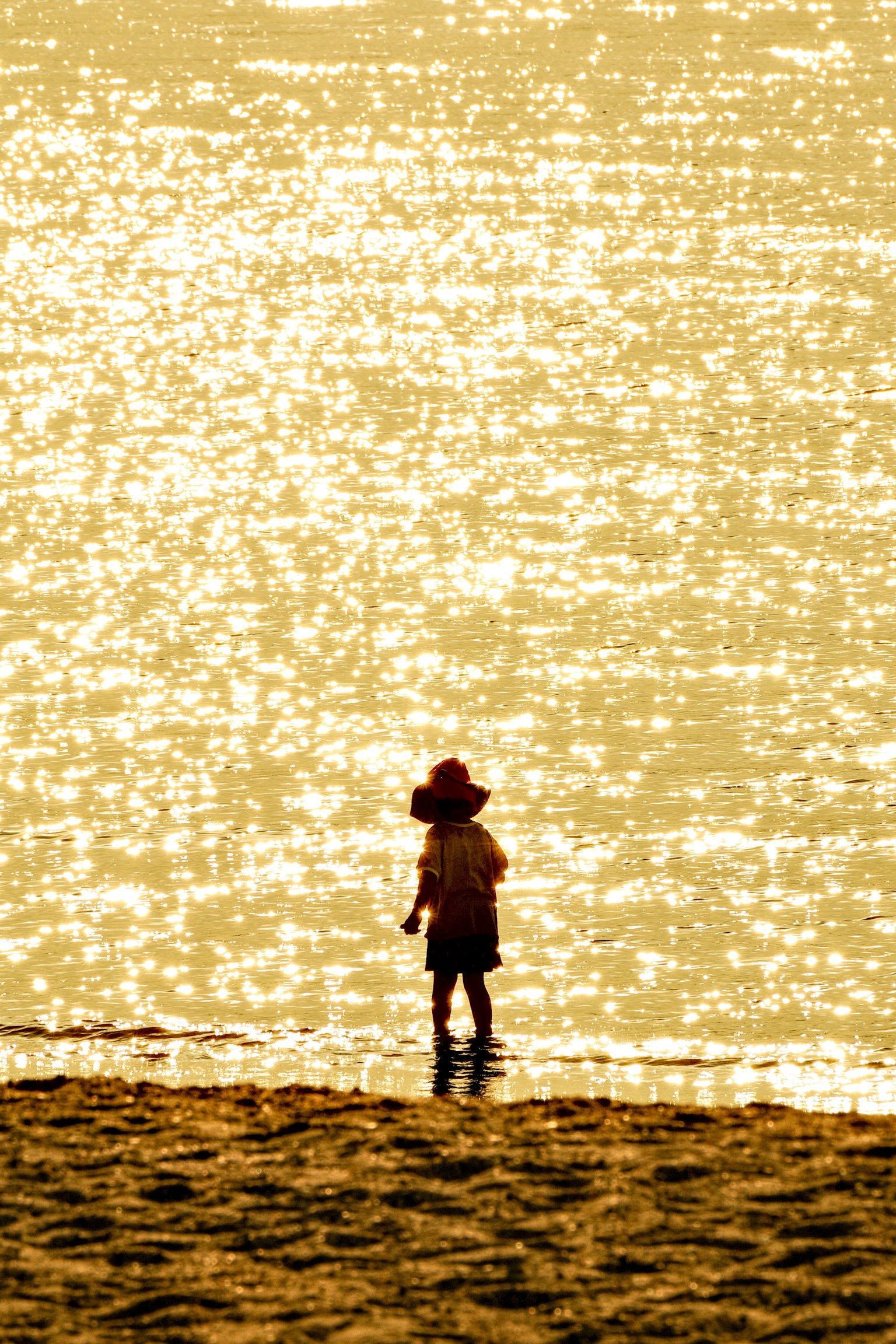 เงาของเด็กที่มองไปที่ผิวน้ำระยิบระยับที่ชายหาด