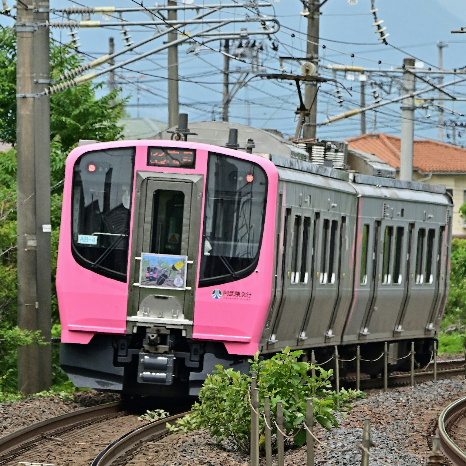 รถไฟสีชมพูวิ่งอยู่บนราง
