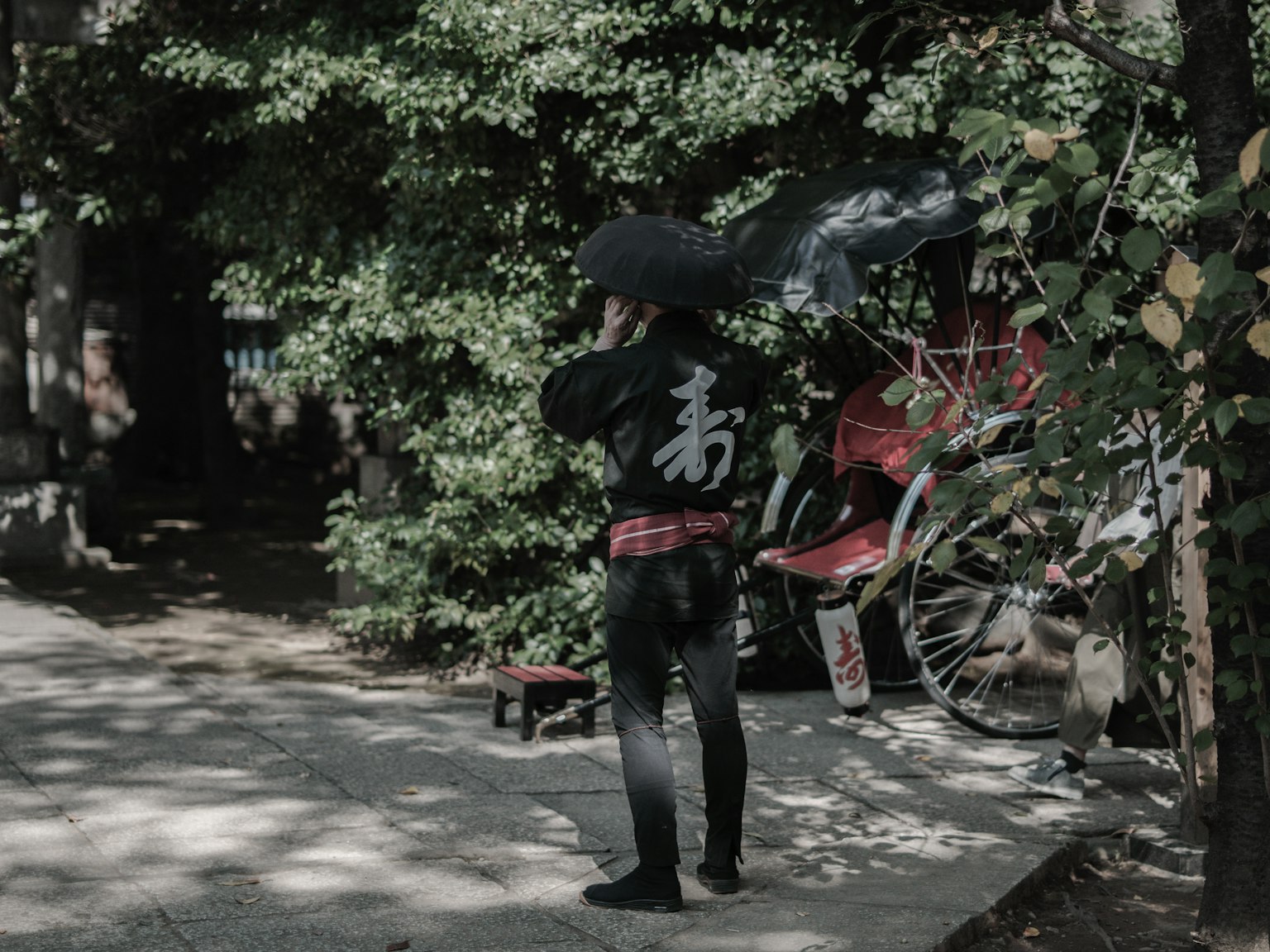 Person in black outfit holding an umbrella with greenery in the background