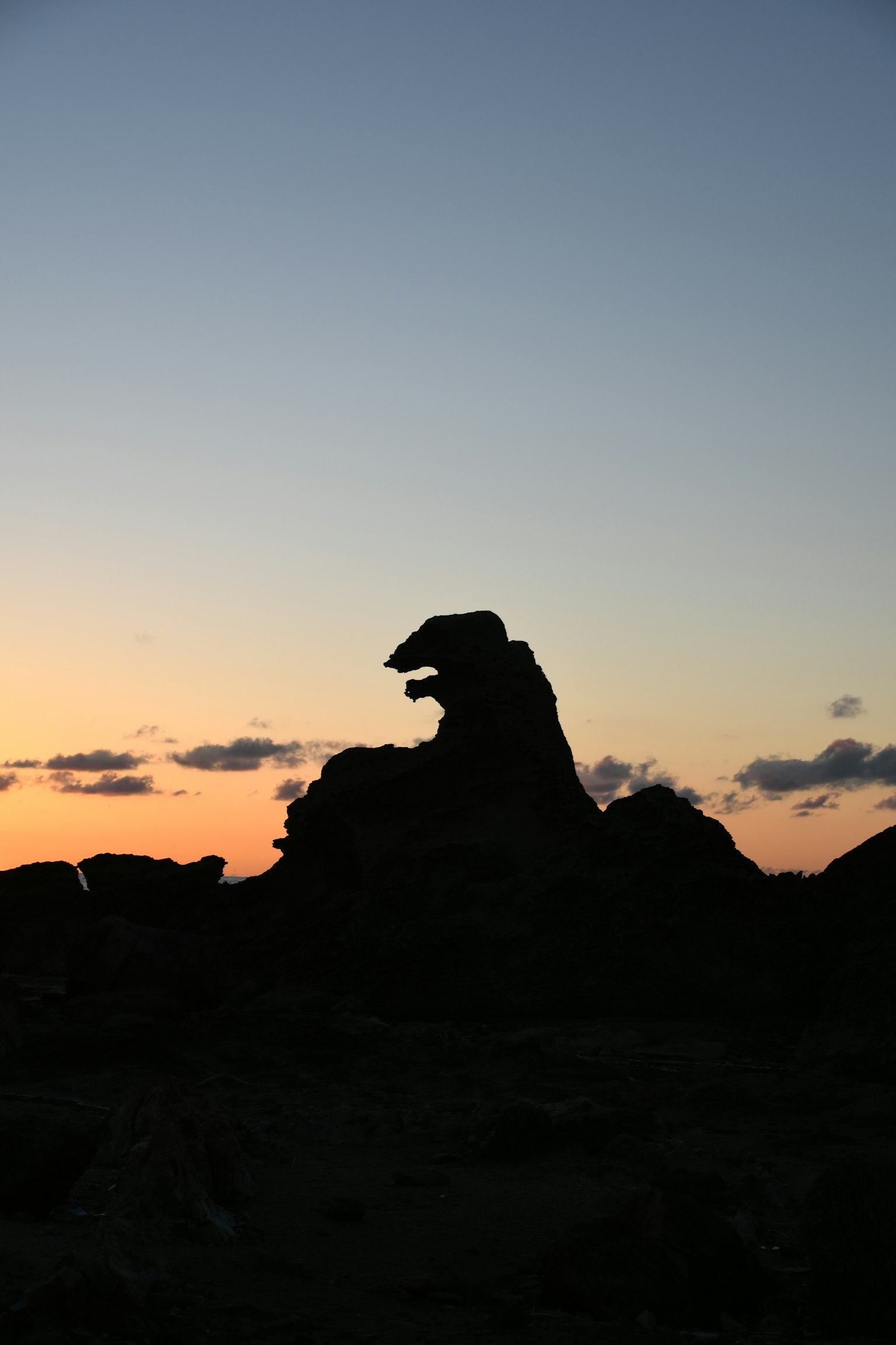 Silhouette of a rock formation resembling an animal against a sunset sky