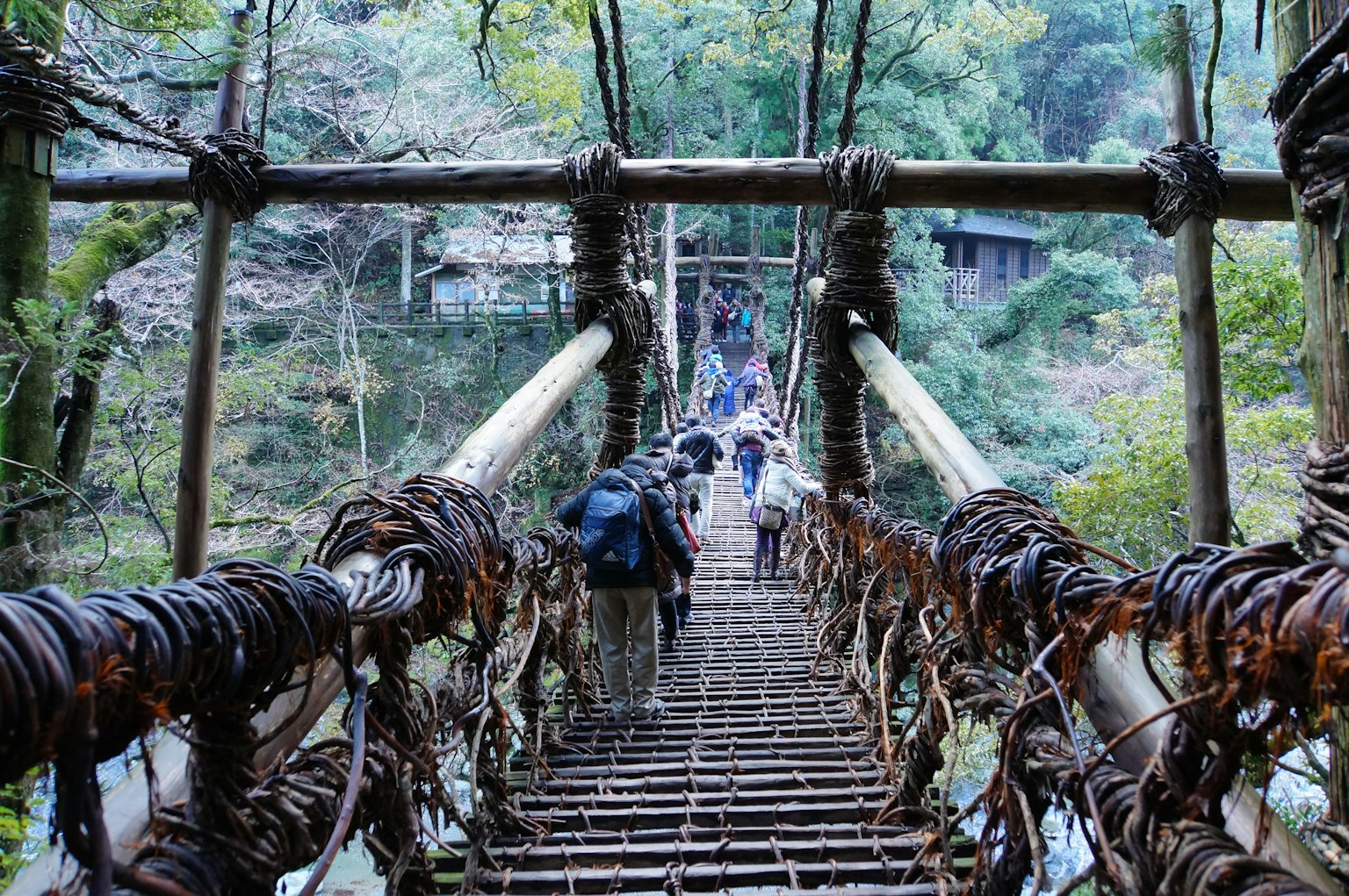 Orang-orang menyeberangi jembatan gantung tua dikelilingi alam