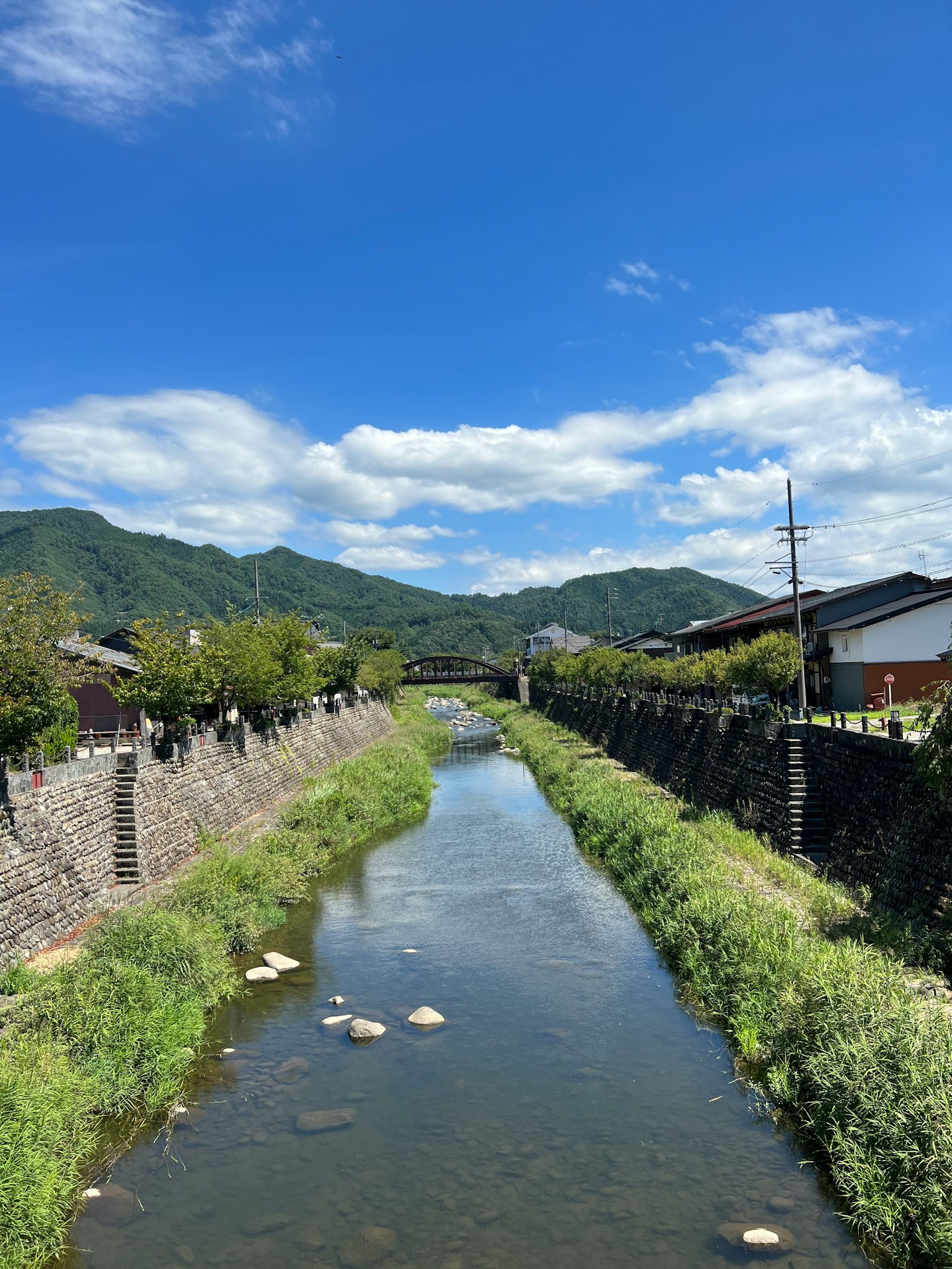 藍天下環繞著綠意和山脈的河流美景