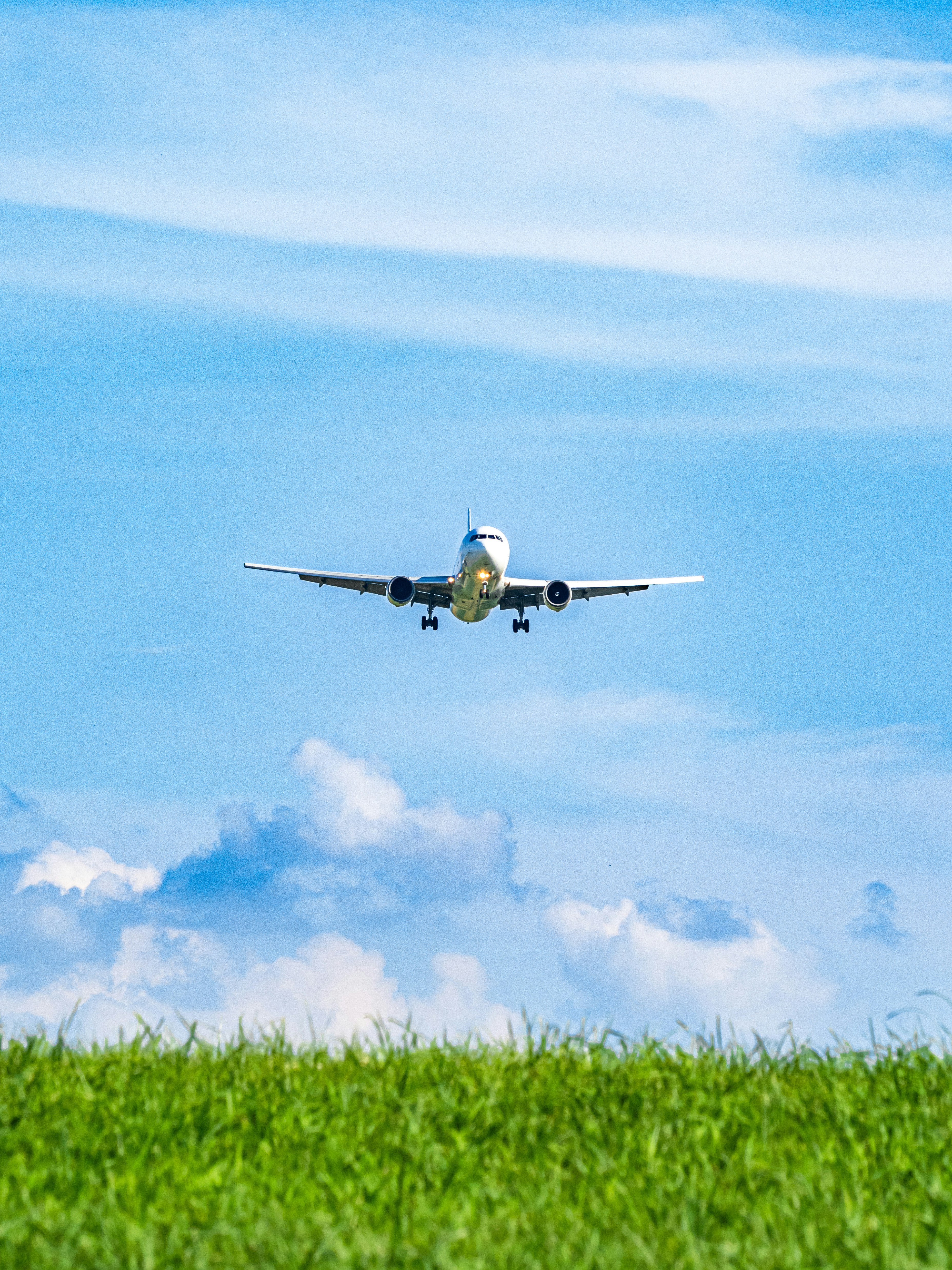 初夏の青空に飛行機が飛ぶ風景