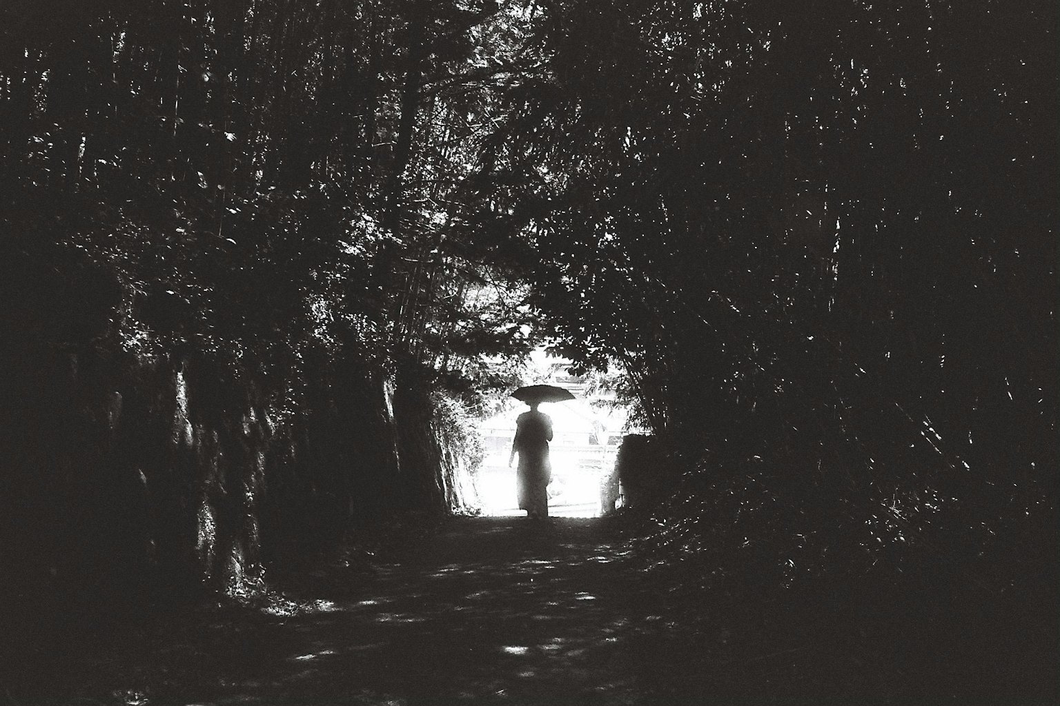 Eine Silhouette einer Person mit einem Regenschirm in einem dunklen Tunnel