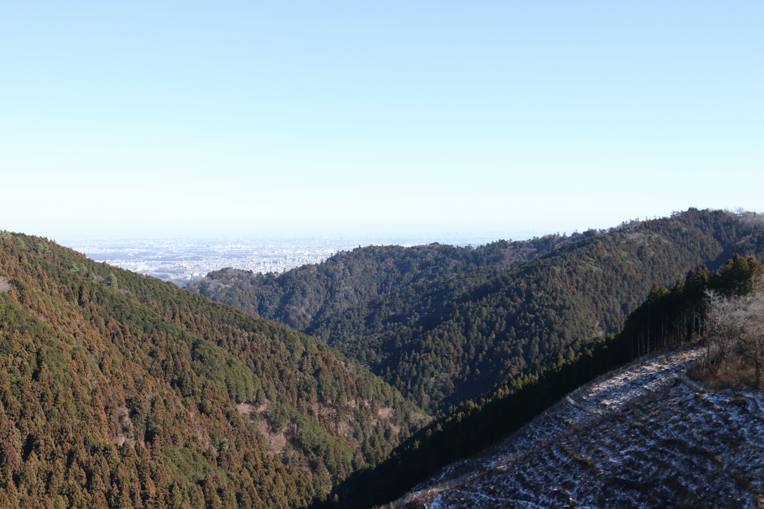 Scenic view of green mountainous landscape with snow patches under a clear blue sky