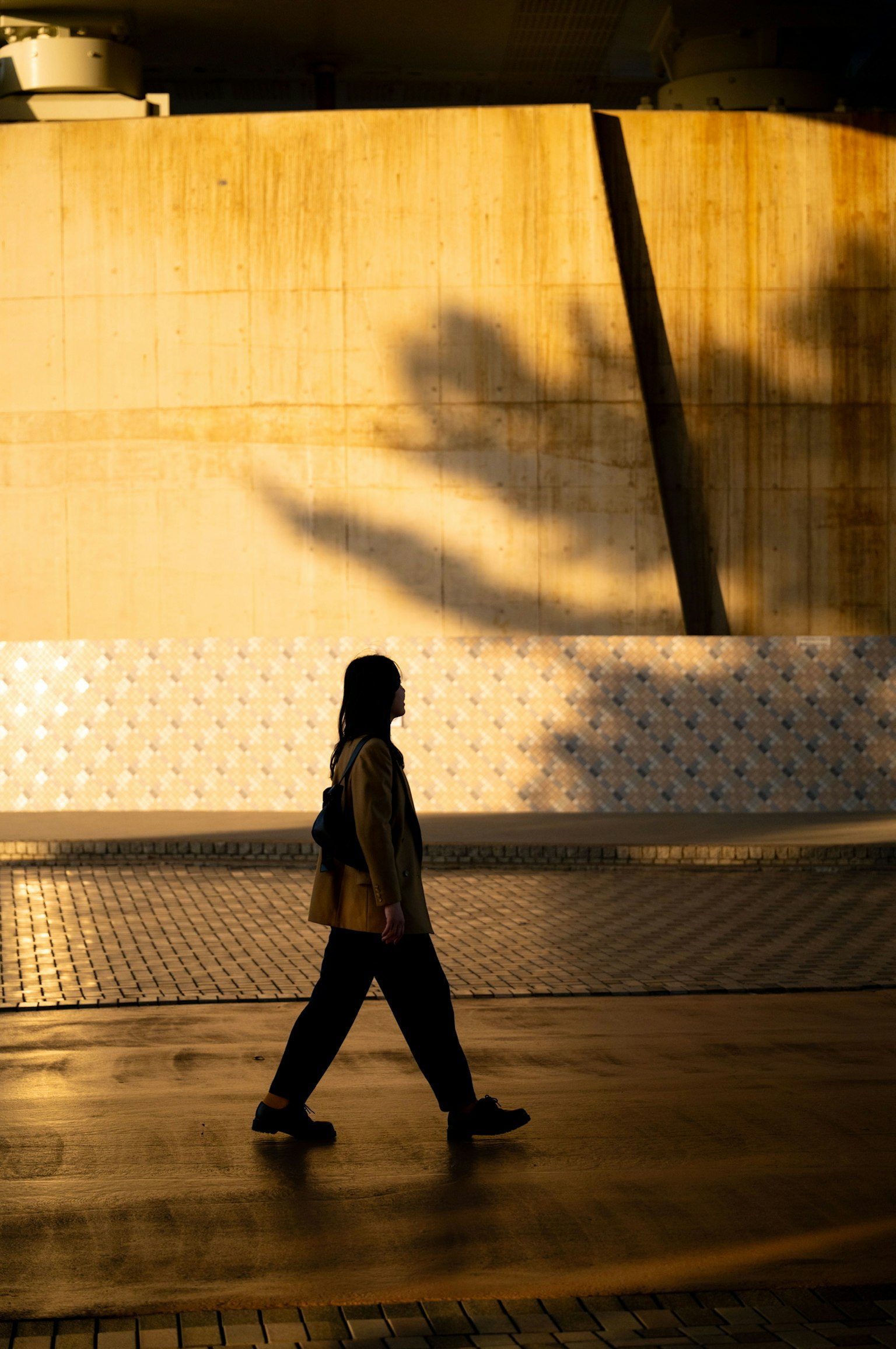 夕暮れ時に歩く人影と影のコントラスト