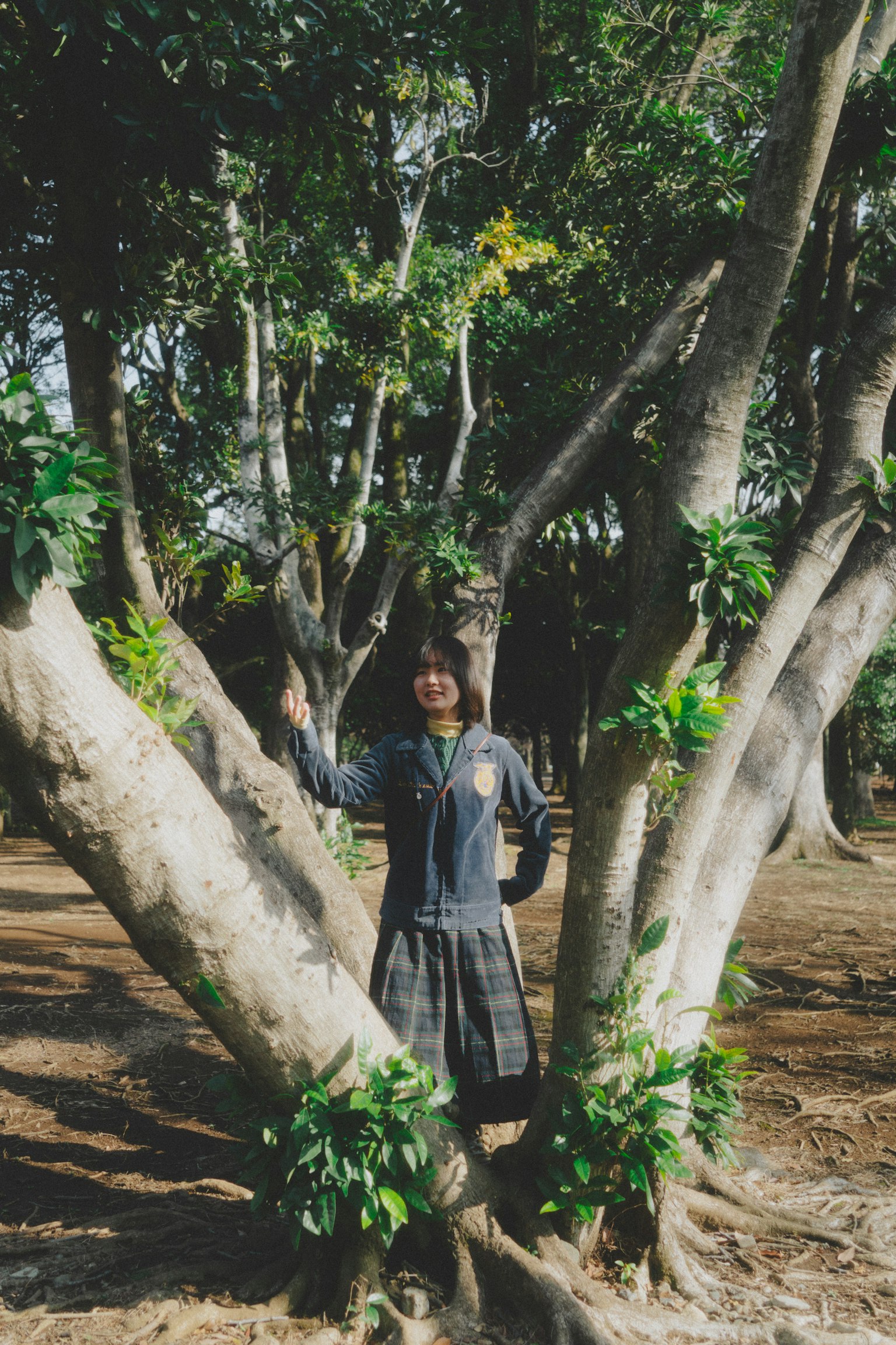 一名女性站在樹枝之間，周圍環繞著綠色植物
