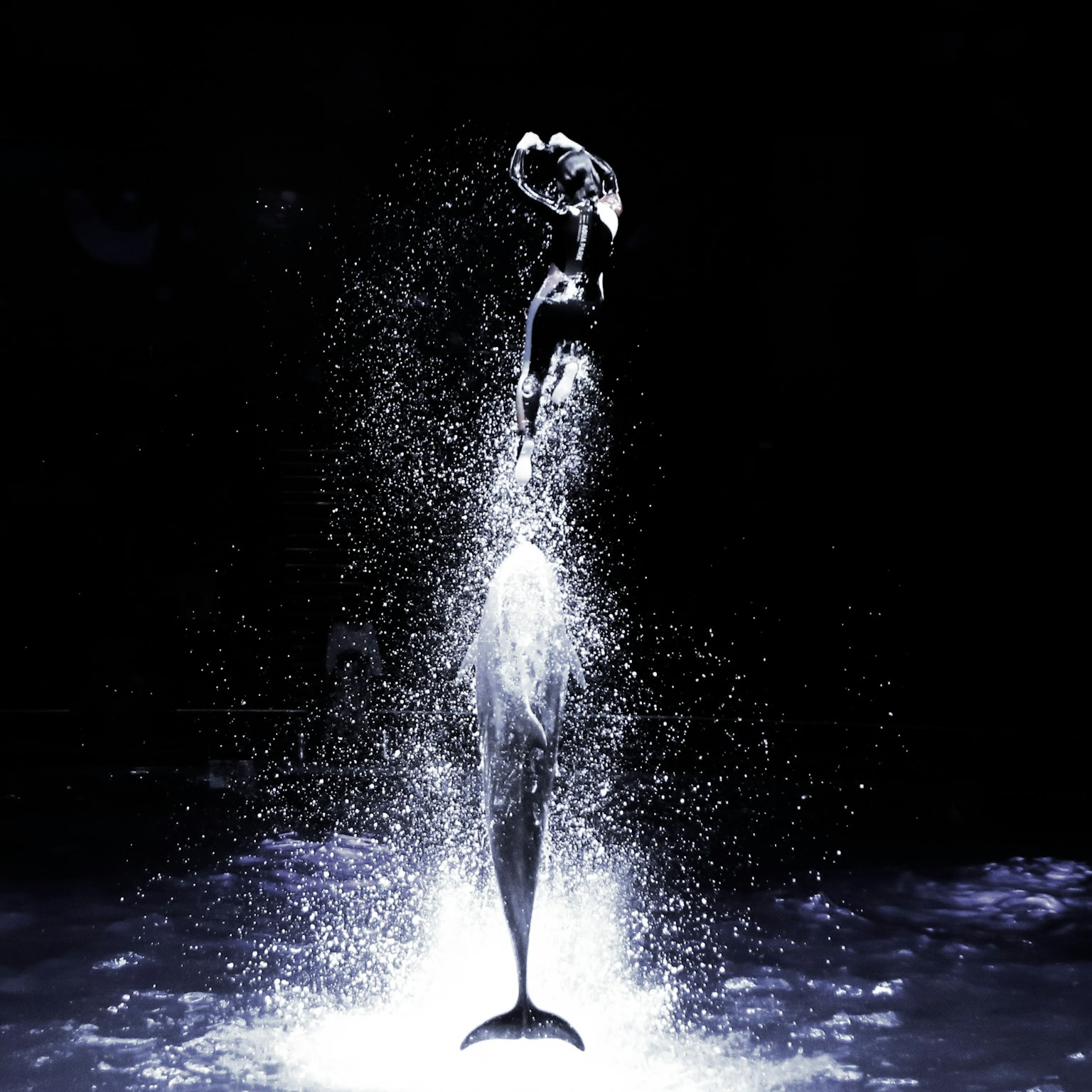 Silhouette d'une personne créant une éclaboussure d'eau sur fond noir