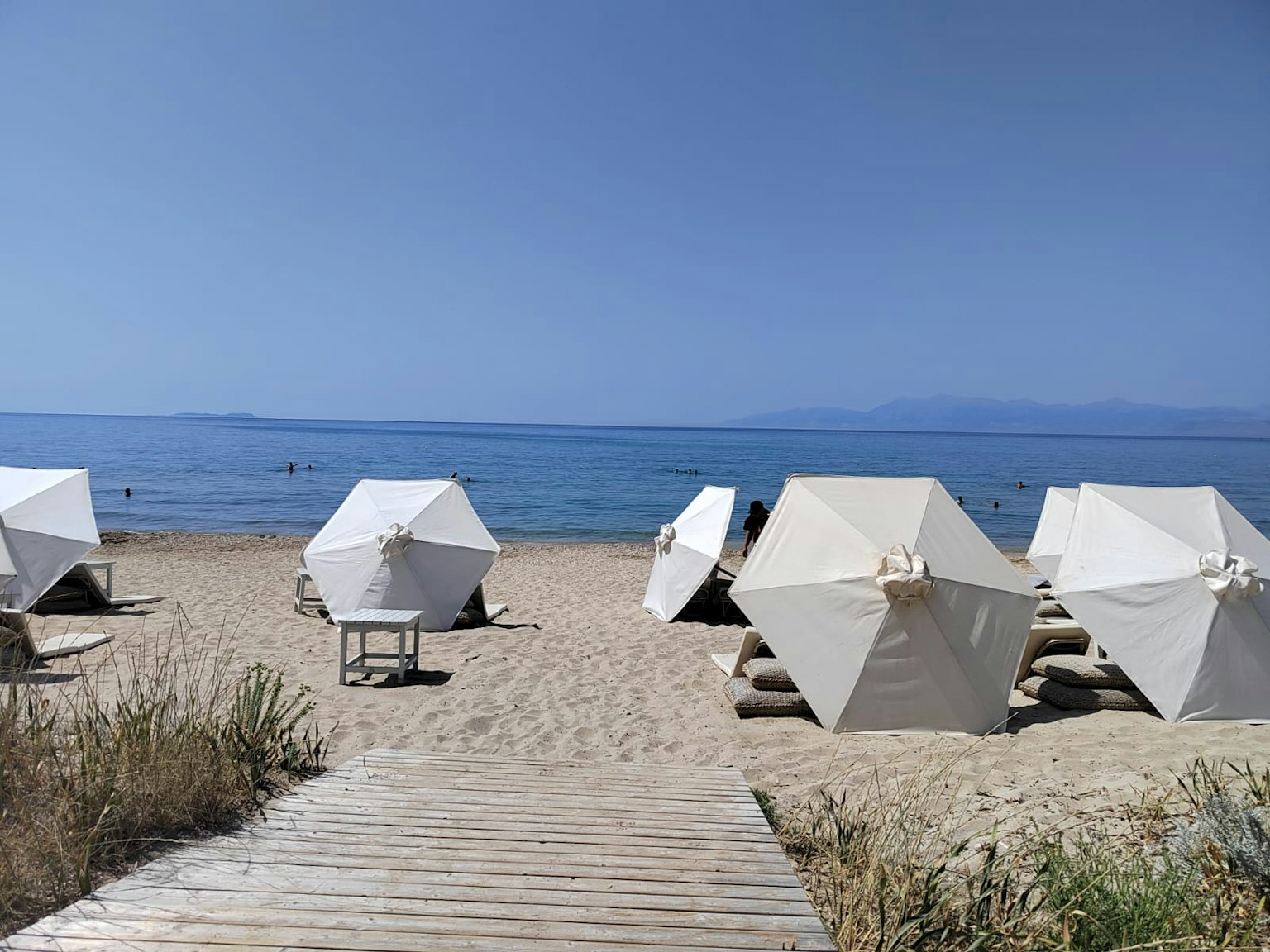 White umbrellas on a sandy beach with calm ocean views