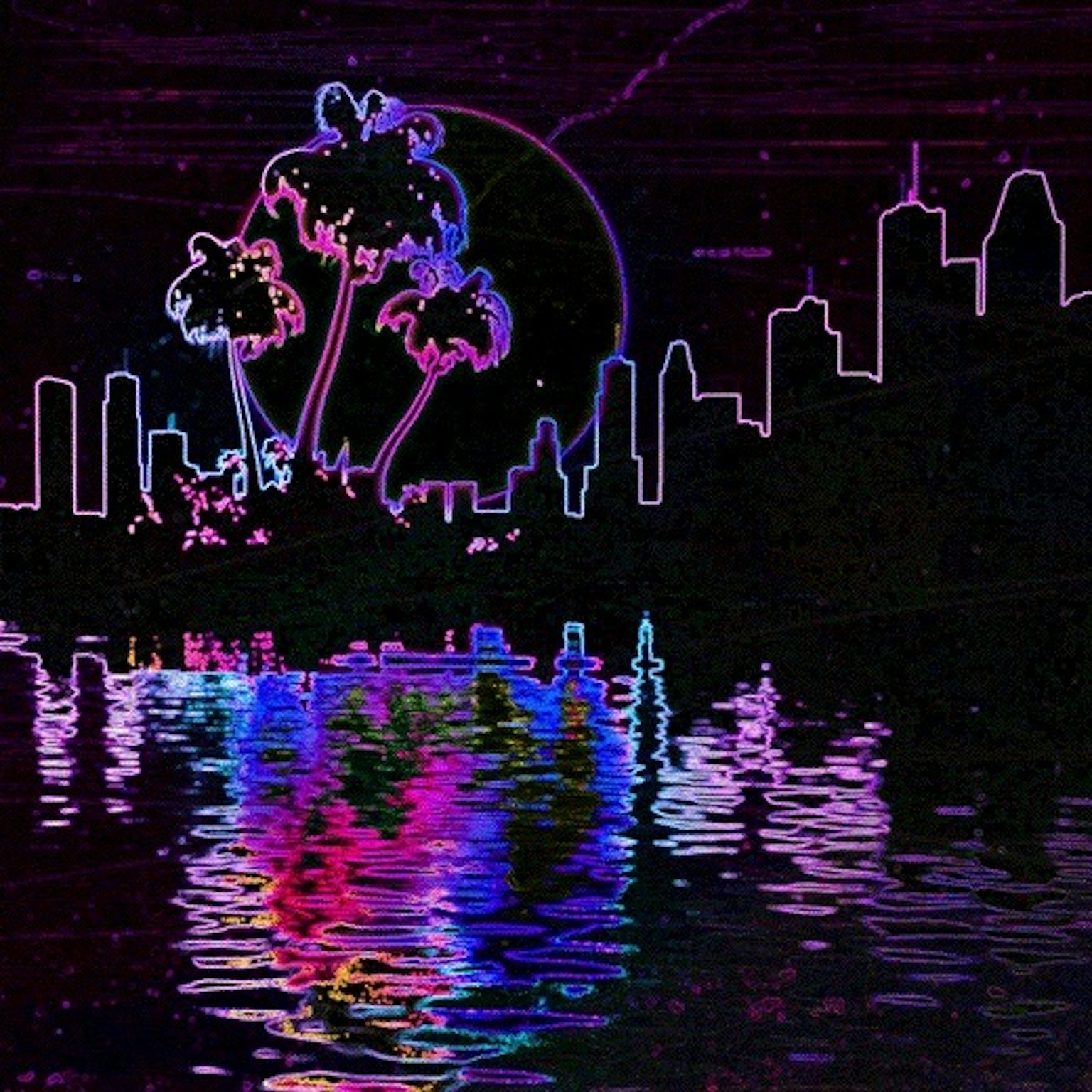 夜晚城市輪廓與棕櫚樹的多彩水面倒影