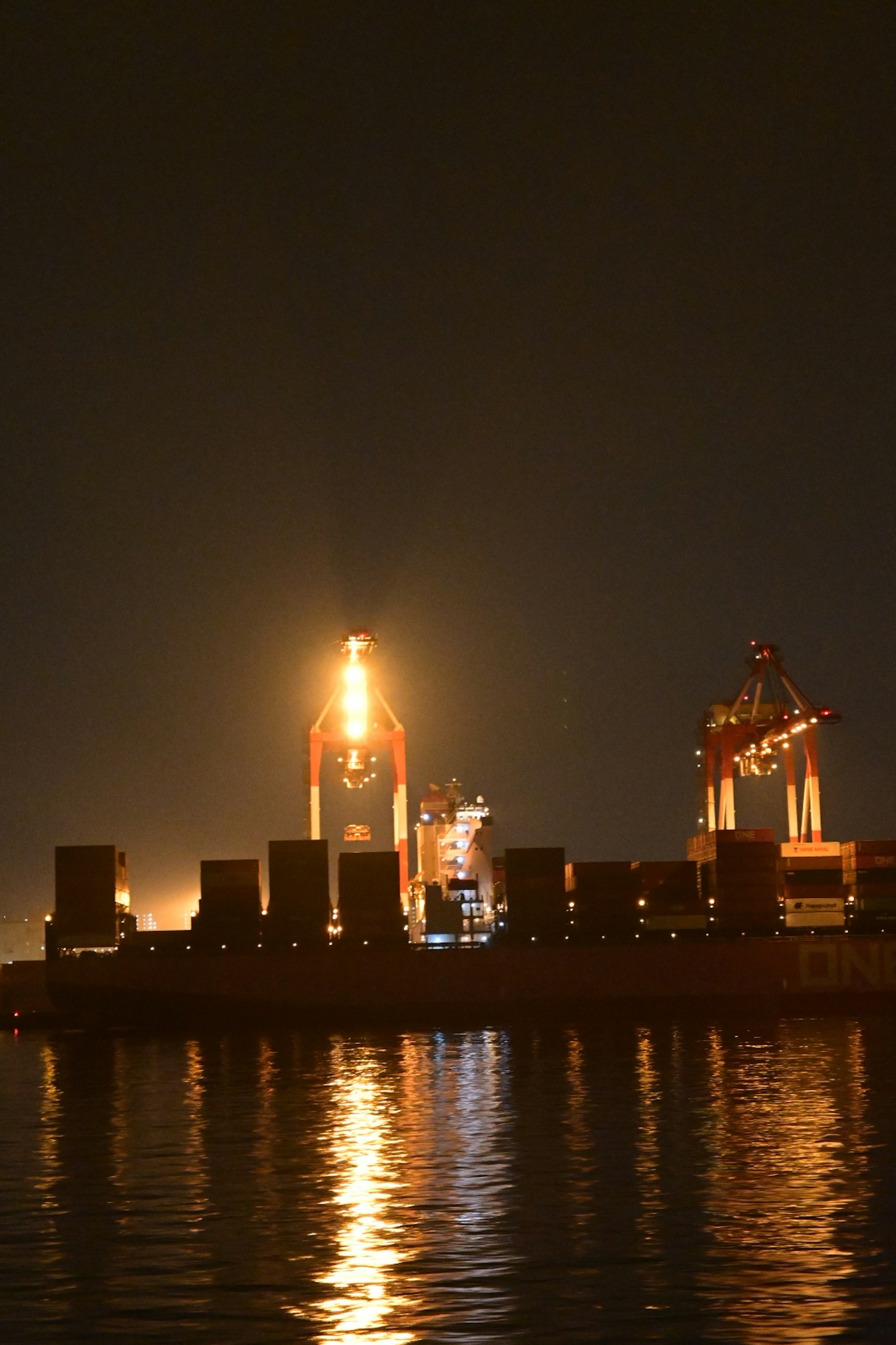 Navire de marchandises et grues illuminés la nuit dans le port