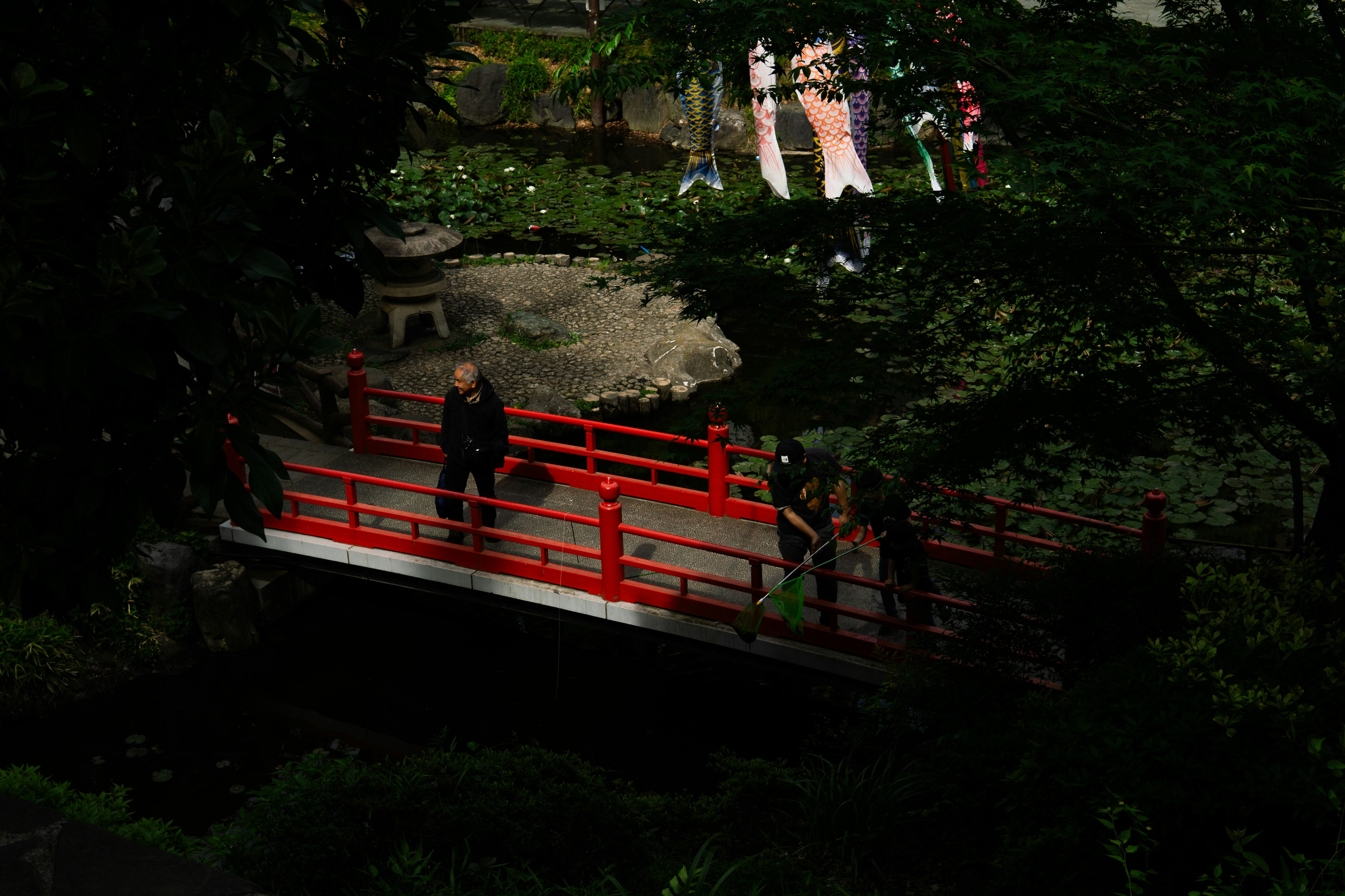赤い欄干の橋を渡る人々がいる庭園の小道